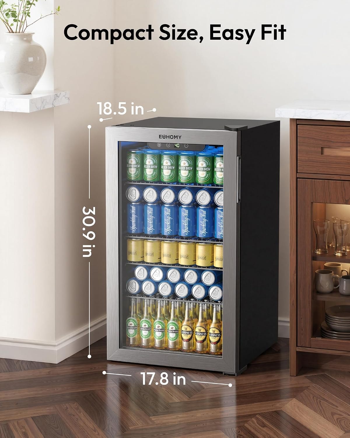 Euhomy - 130 Cans Beverage Refrigerator, 3.2 Cu. Ft Cooler with Adjust – 3.2 cubic feet – Silver – Beverage Refrigerators
