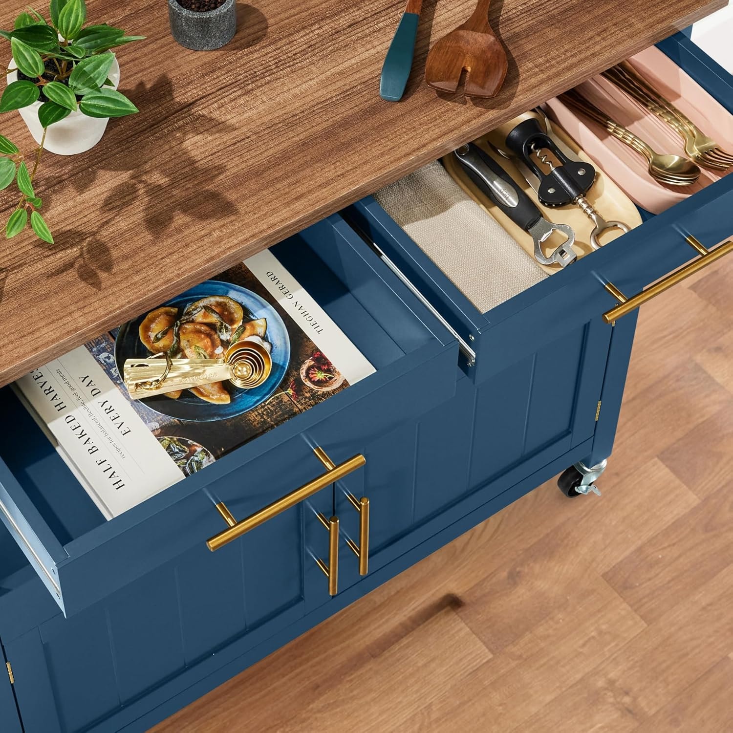 Red Barrel Studio Kitchen Island Cart with 4 Door Cabinet Drawers and  – 36in – Slate Blue – Storage Carts