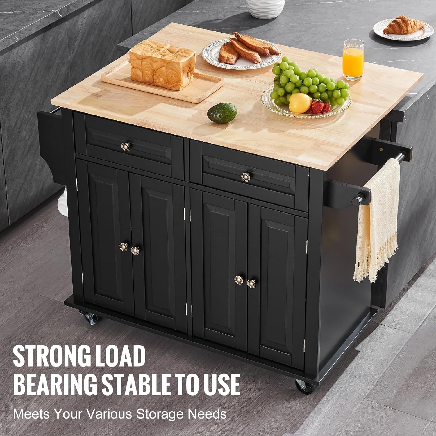 Latitude Kitchen Island Cart – 35.4" W Drop Leaf – Black – Mobile Storage Islands
