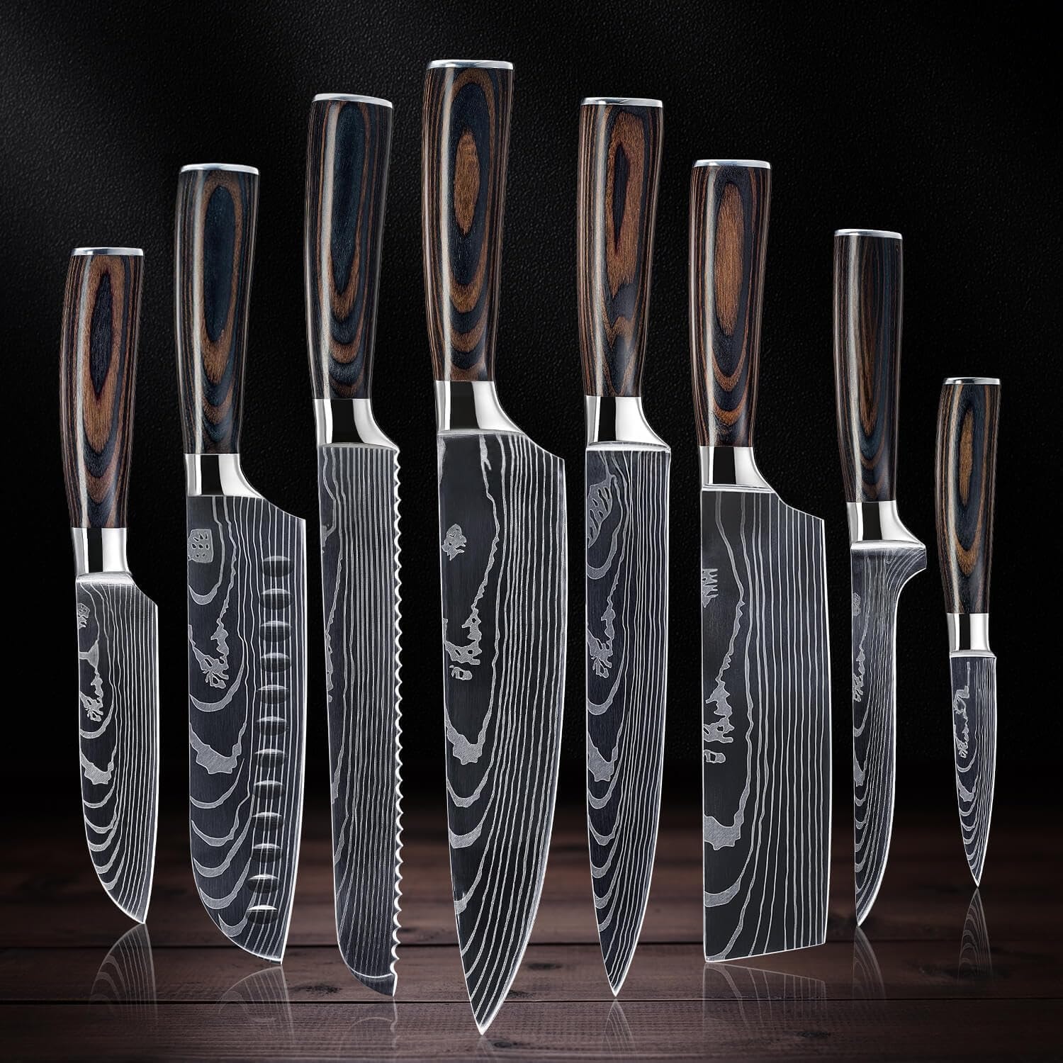 8-Piece Japanese Damascus Knife Set | Complete Chef Knife Collection – 14x2x1 – Natural Wood Handles – Chef's Knives
