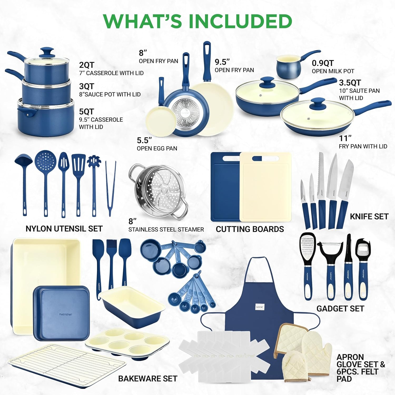 NutriChef 54-Piece Ceramic Cookware Set – Blue Gray – Cookware Sets