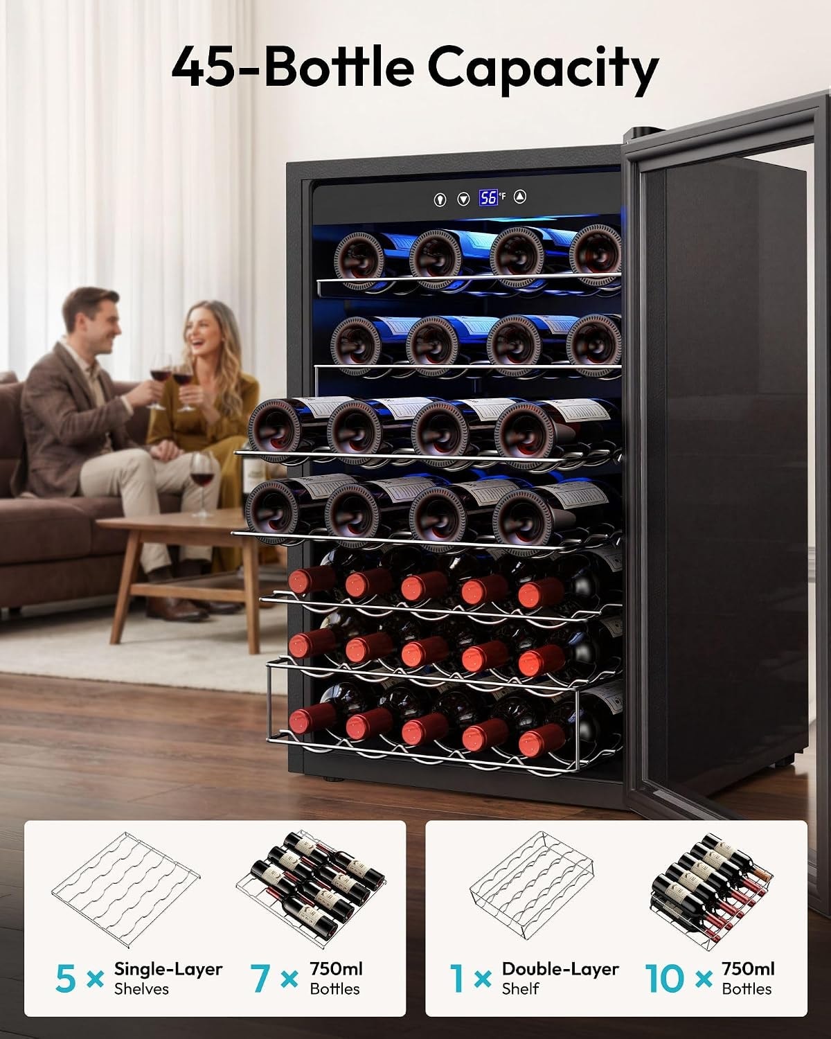 SIMZLIFE - 45 Bottle Wine Cooler Refrigerator,Built-in Wine Fridge wit – 4.5 cubic feet – Silver – Freestanding Wine Cellars