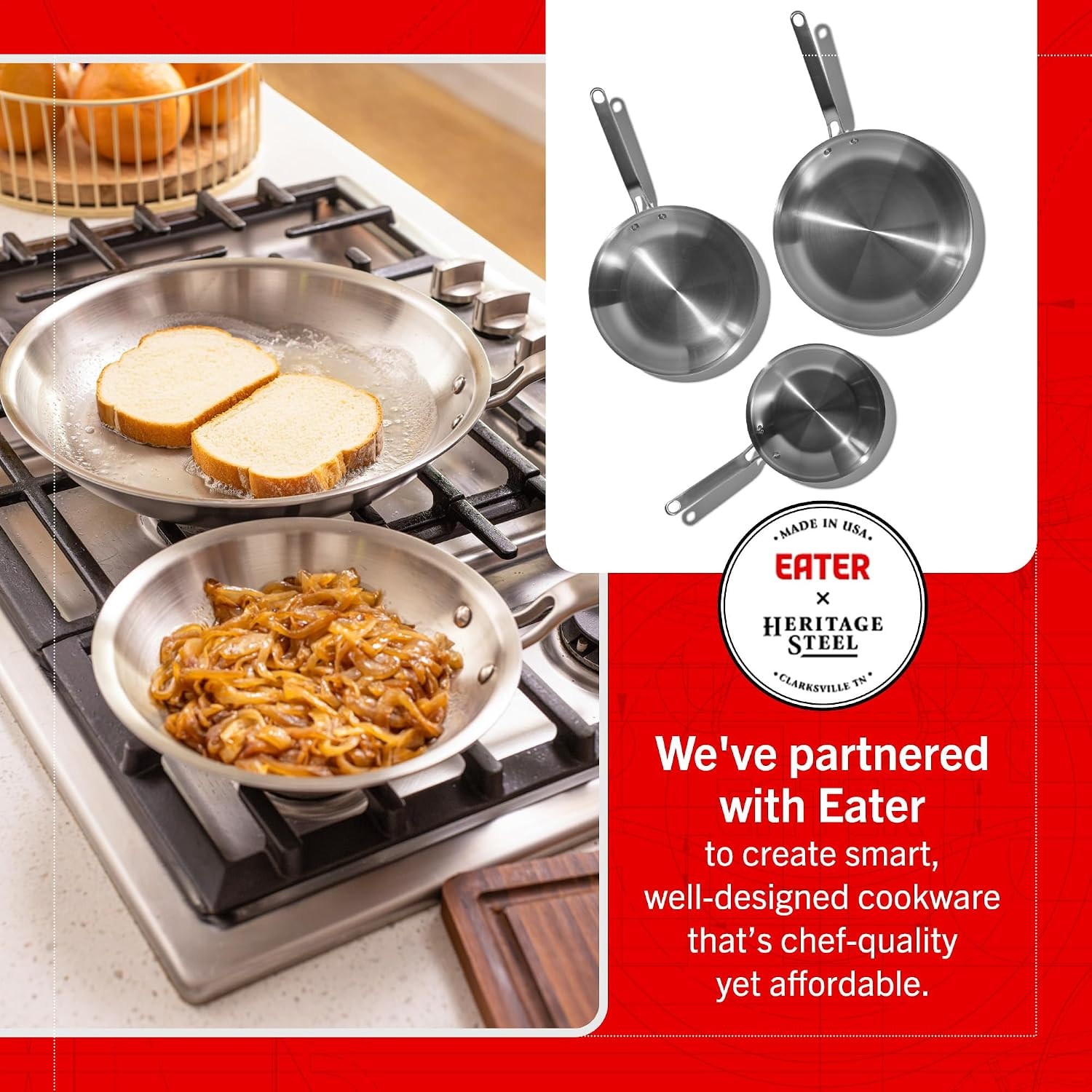 Eater Series 3 Piece Fry Pan Set – Stainless Steel – Cookware Sets