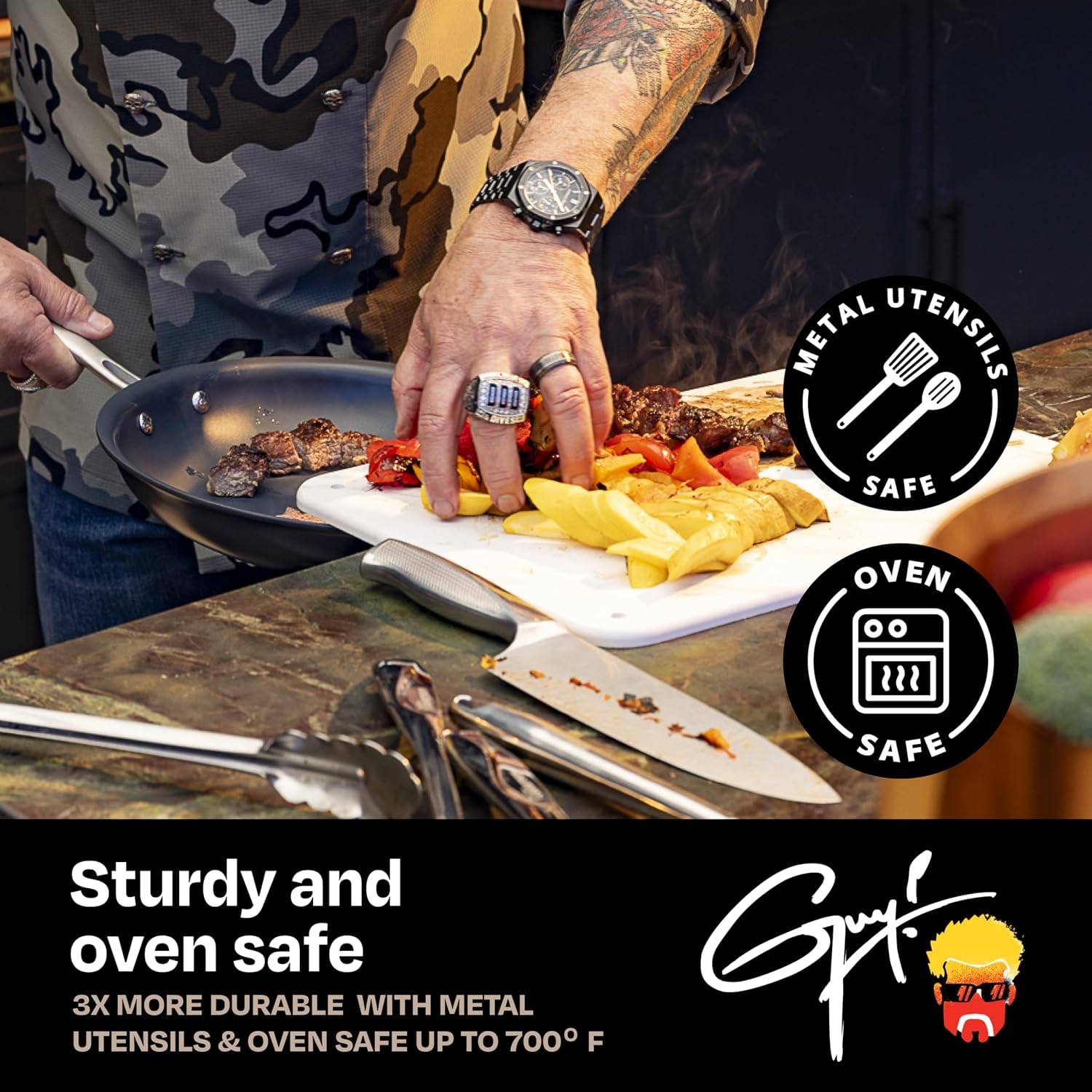 Guy Fieri Flavortown Hard-Anodized Laser Titanium Aluminum 10-Pc. Cook – 5 quarts – Black – Cookware Sets