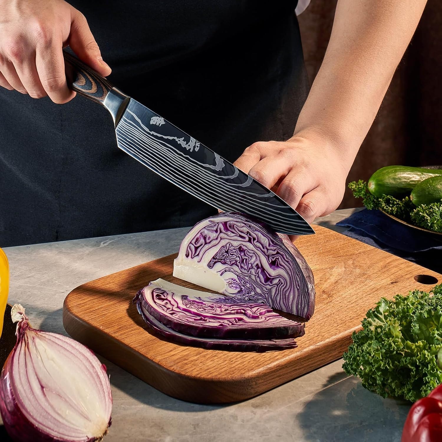 8-Piece Japanese Damascus Knife Set | Complete Chef Knife Collection – 14x2x1 – Natural Wood Handles – Chef's Knives
