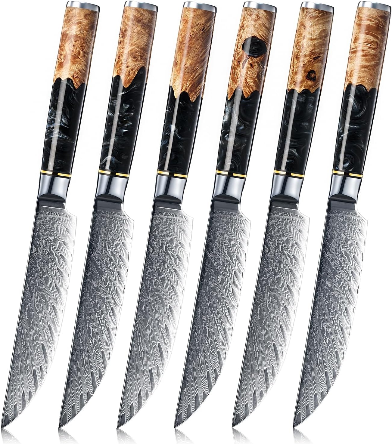 Tsunami Japanese VG-10 Damascus Steel Steak Knife Set with Gift Box – Set of 6 – Black – Steak Knives