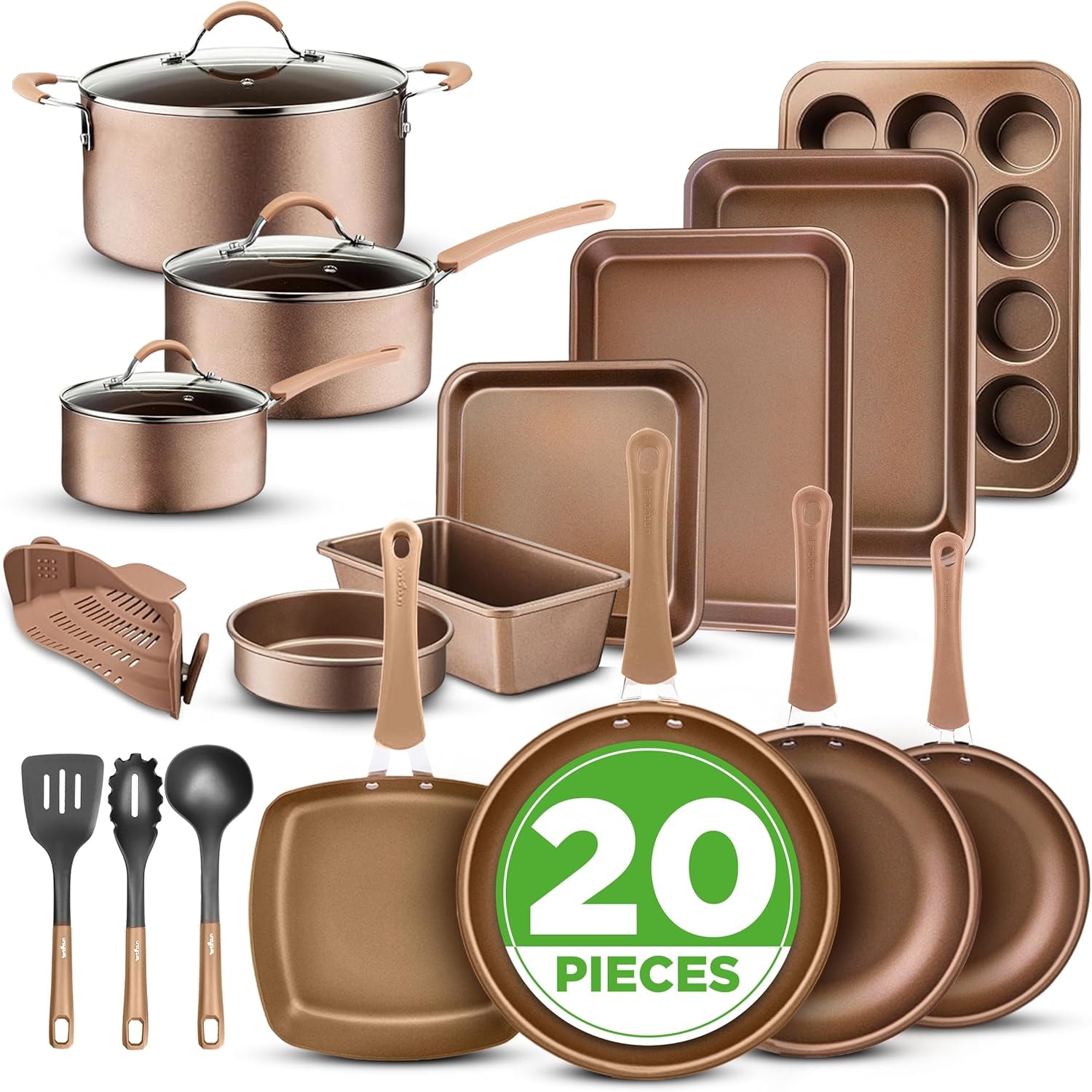 NutriChef 20-Piece Kitchenware Pots and Pans Set – Kitchen Ware Set - NutriChef – Matte Gold – Cookware Sets