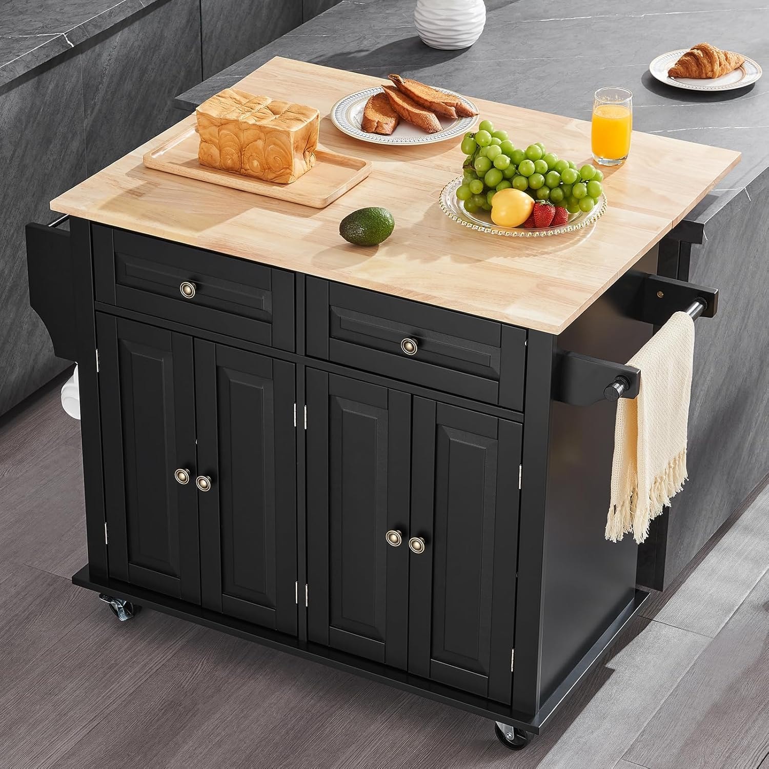 Latitude Kitchen Island Cart – 35.4" W Drop Leaf – Black – Mobile Storage Islands