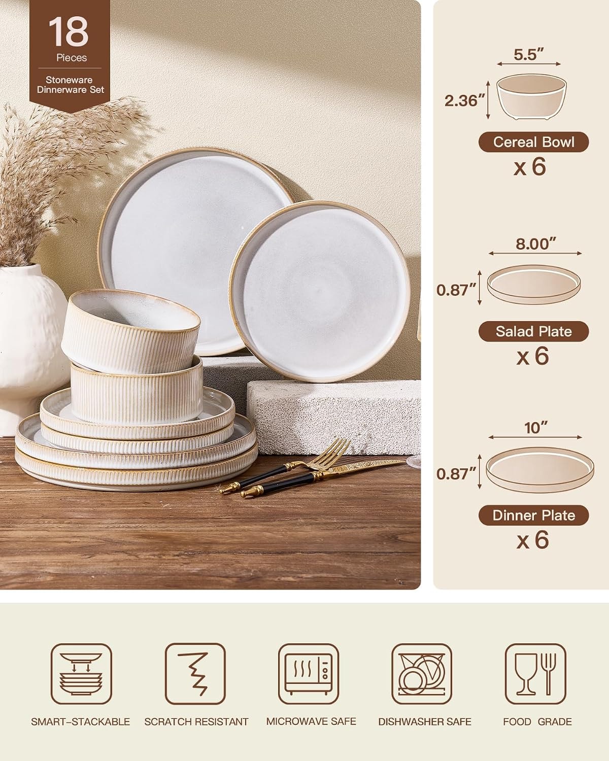 Wudkey 18-Piece White Cappuccino Ceramic Dinnerware Sets – Cappuccino White
