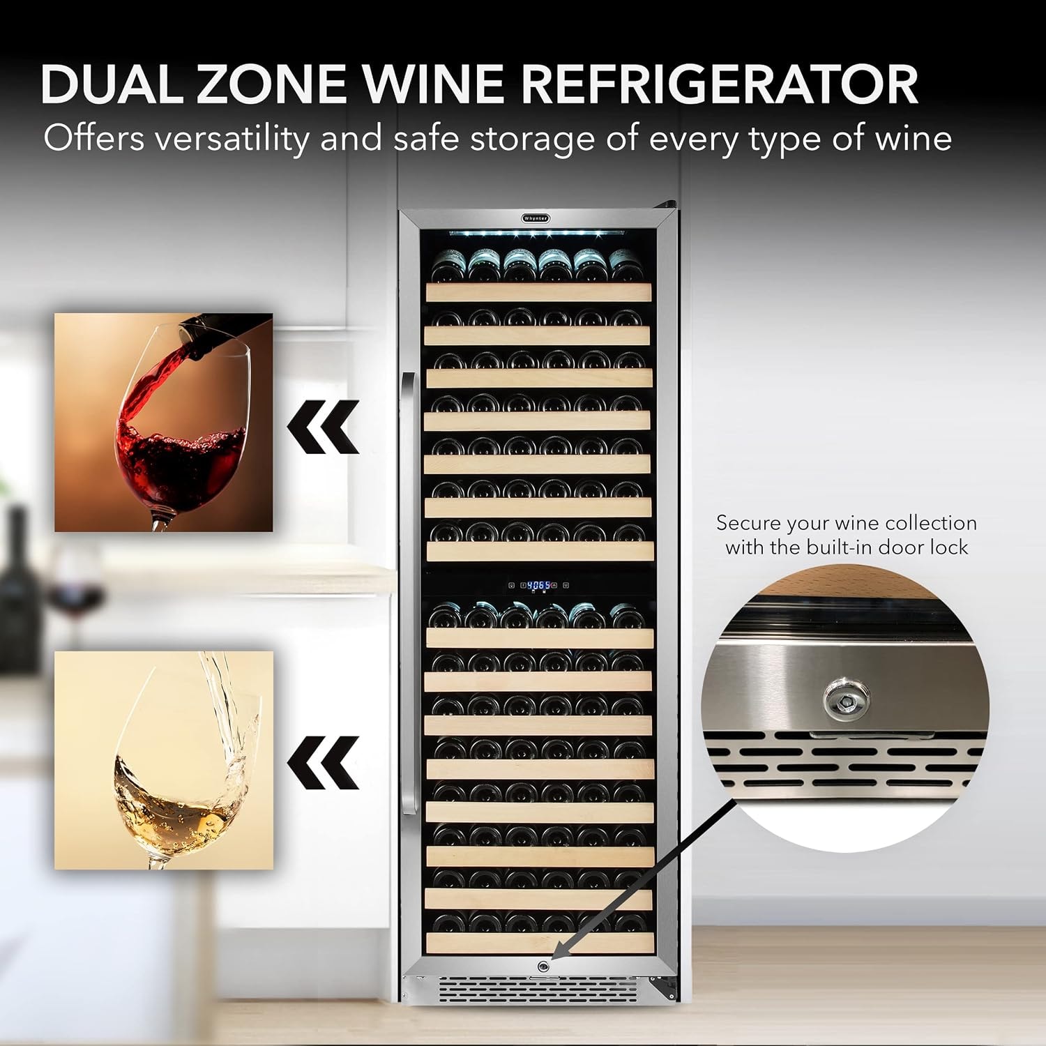 Whynter 164 Bottle Built-in Stainless Steel Dual Zone Compressor Wine  – 25.1 cubic feet – Premium Stainless Steel – Freestanding Wine Cellars