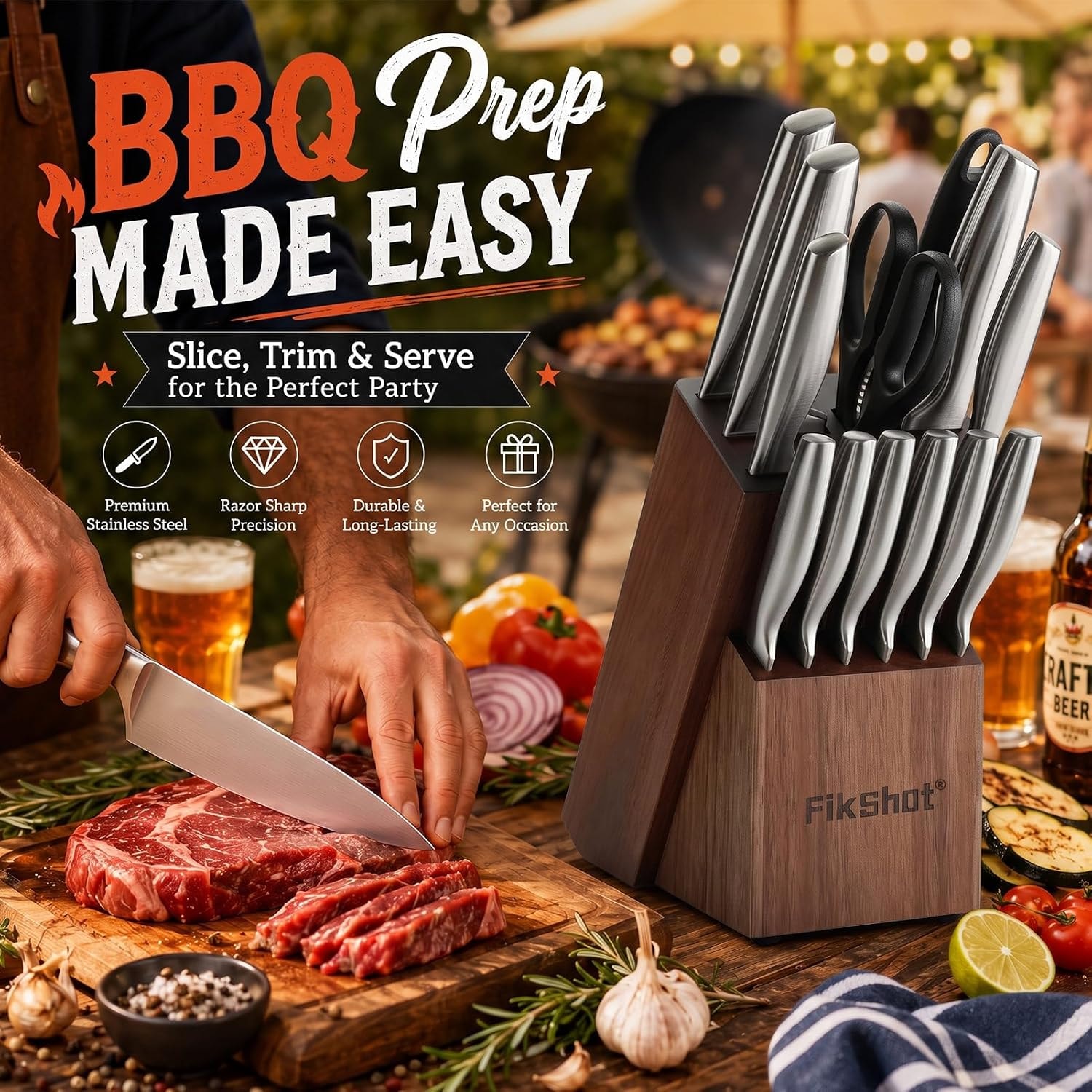 Wudkey 14-Piece Stainless Steel German Knife Set – Silver + Walnut – Knife Block Sets
