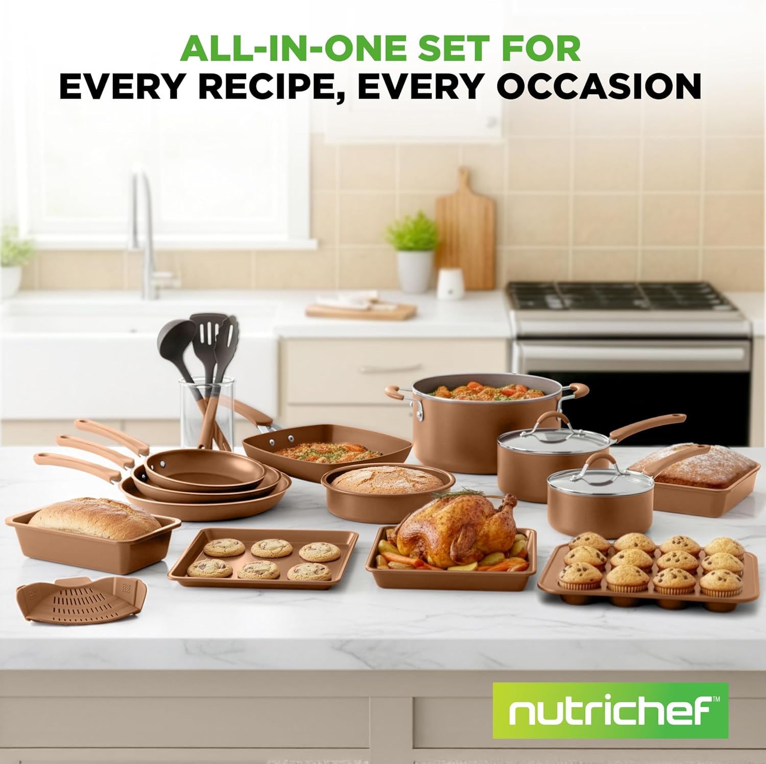 NutriChef 20-Piece Kitchenware Pots and Pans Set – Kitchen Ware Set - NutriChef – Matte Gold – Cookware Sets