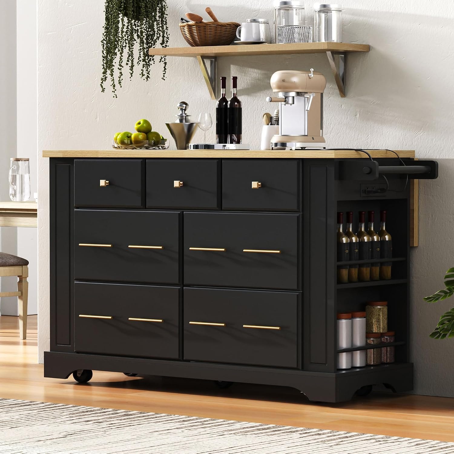 Kitchen Island with 6 Drawers, Pull Out Trash Can Storage, Rolling, Dr – 51.2 x 29.5 x 36.2 inches – Black – Mobile Storage Islands