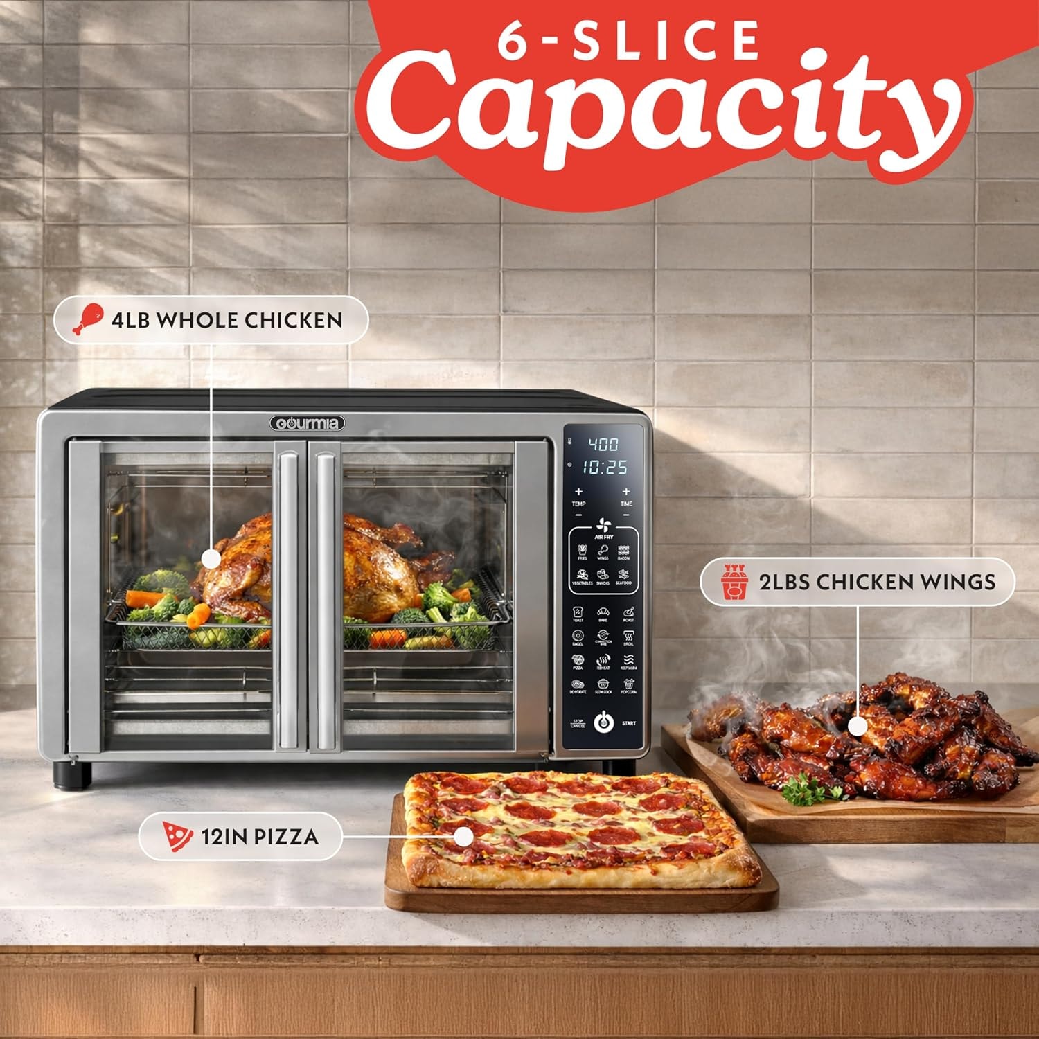 Gourmia Air Fryer French Door Toaster Oven – 25 quarts – Stainless Steel – 19 Presets – Air Fryers
