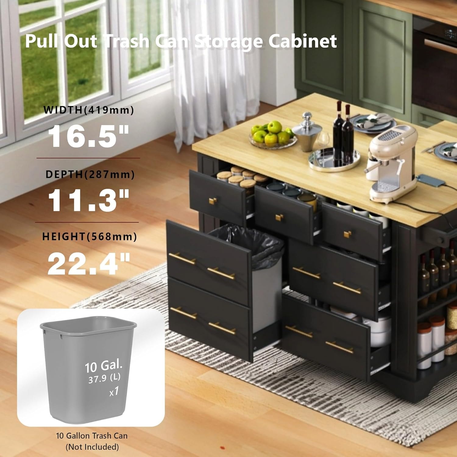 Kitchen Island with 6 Drawers, Pull Out Trash Can Storage, Rolling, Dr – 51.2 x 29.5 x 36.2 inches – Black – Mobile Storage Islands