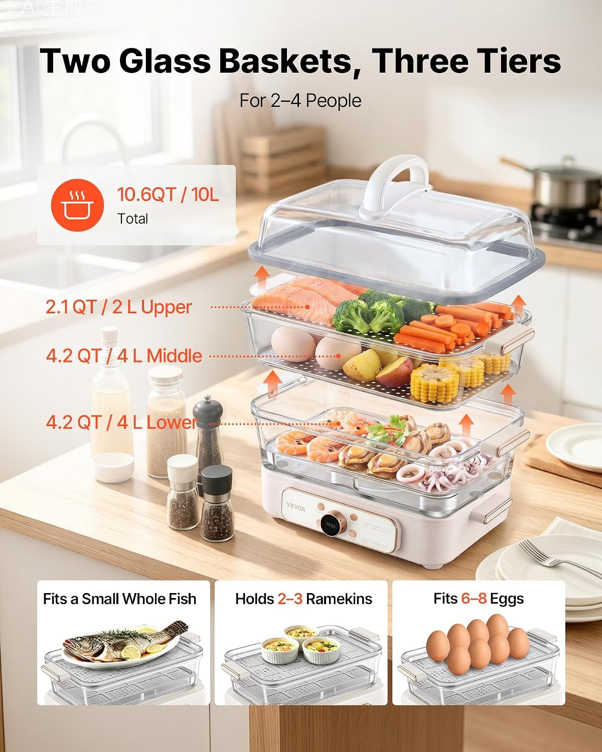 Glass Food Steamer for Cooking – 10.6 quarts – White – Steamers
