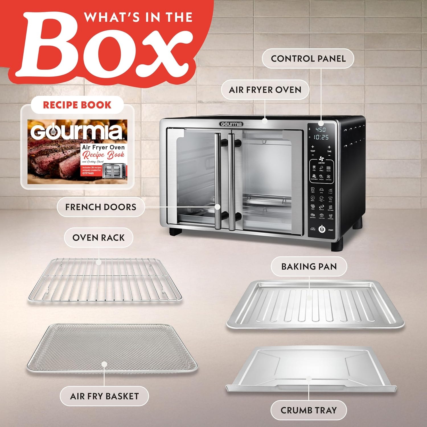 Gourmia Air Fryer French Door Toaster Oven – 25 quarts – Stainless Steel – 19 Presets – Air Fryers