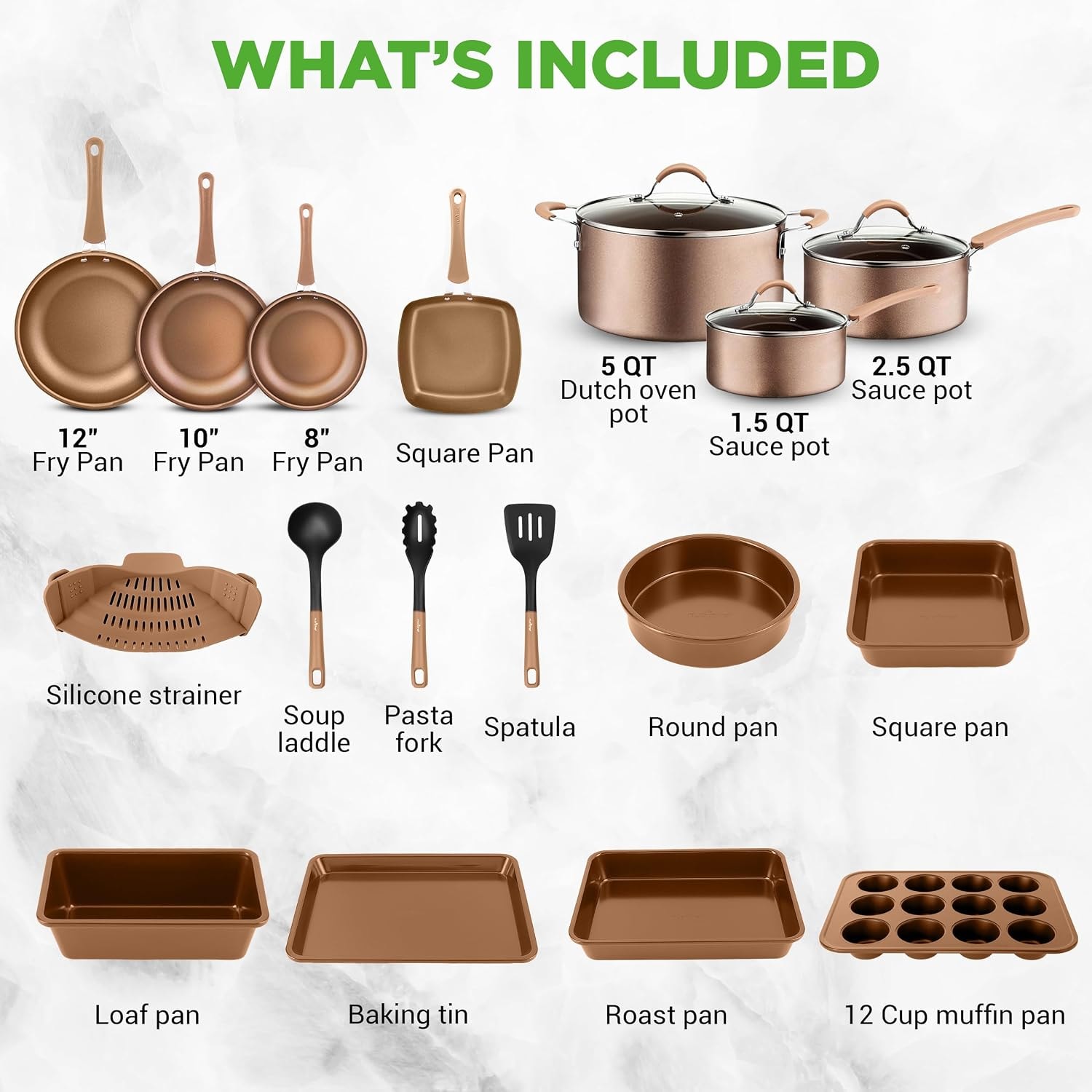 NutriChef 20-Piece Kitchenware Pots and Pans Set – Kitchen Ware Set - NutriChef – Matte Gold – Cookware Sets