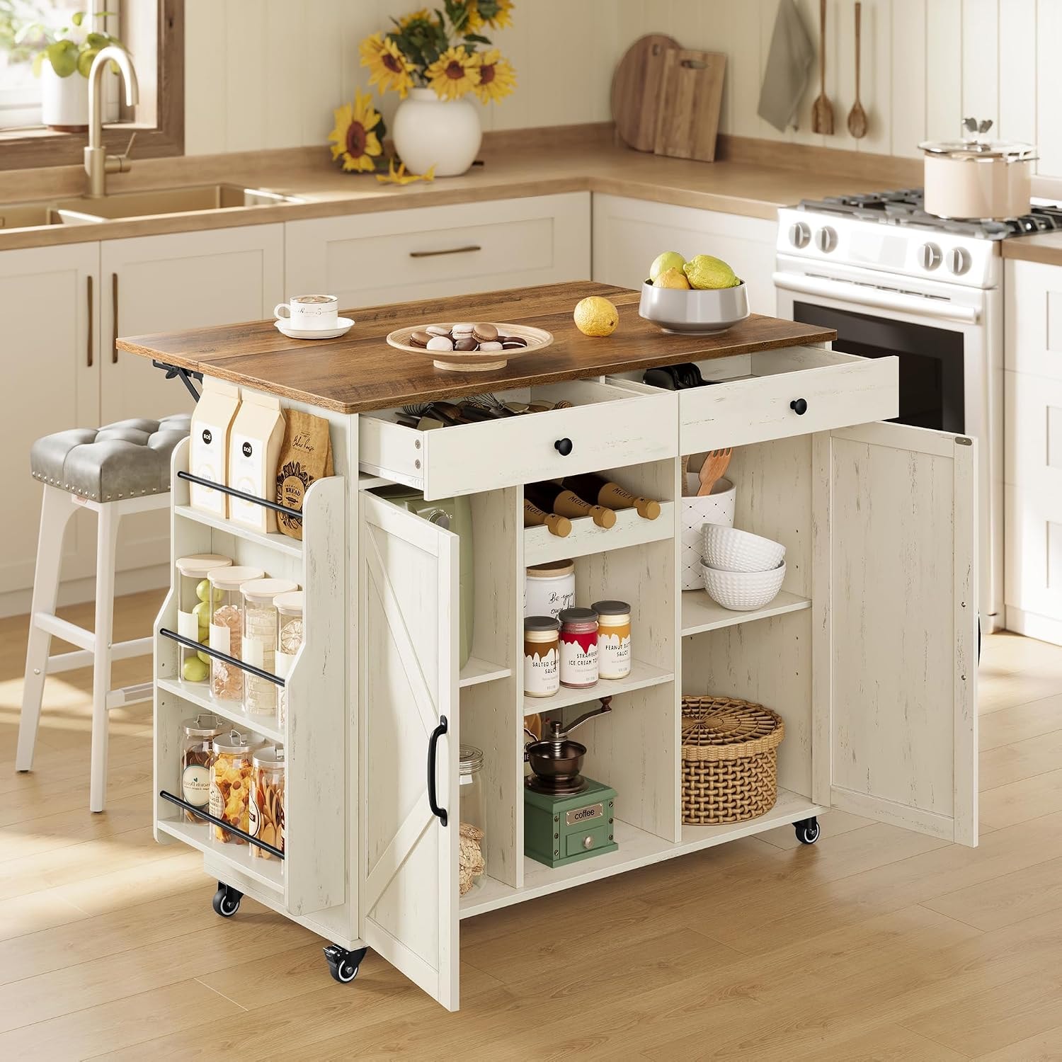 17 Stories Kitchen Island – 28.7"d x 49.3"w x 36"h – Rustic White + Honey Brown – Mobile Storage Islands