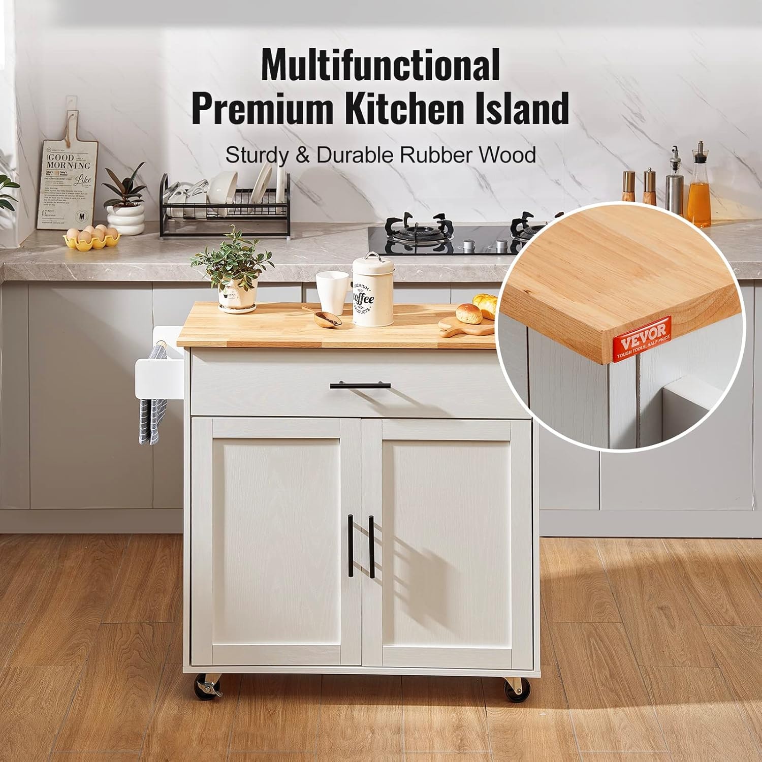 WarmieHomy Kitchen Cart with Solid Wood Top, Locking Wheels Storage Ca – 35.4" W Drop Leaf – White – Mobile Storage Islands