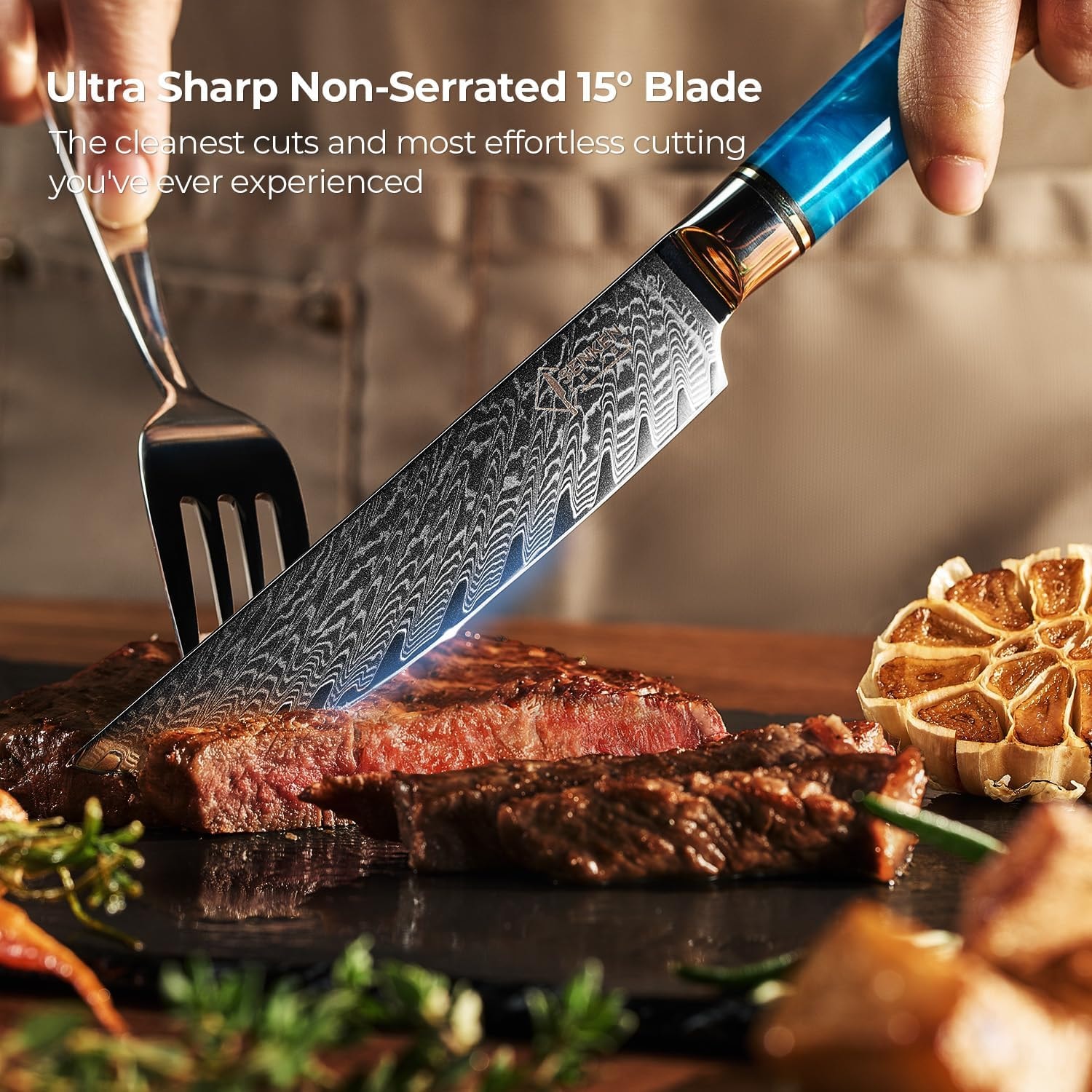 8-Piece Damascus Steak Knife — Twisted Damascus Blades, Green Pakka Wo – Large – Blue – Steak Sets
