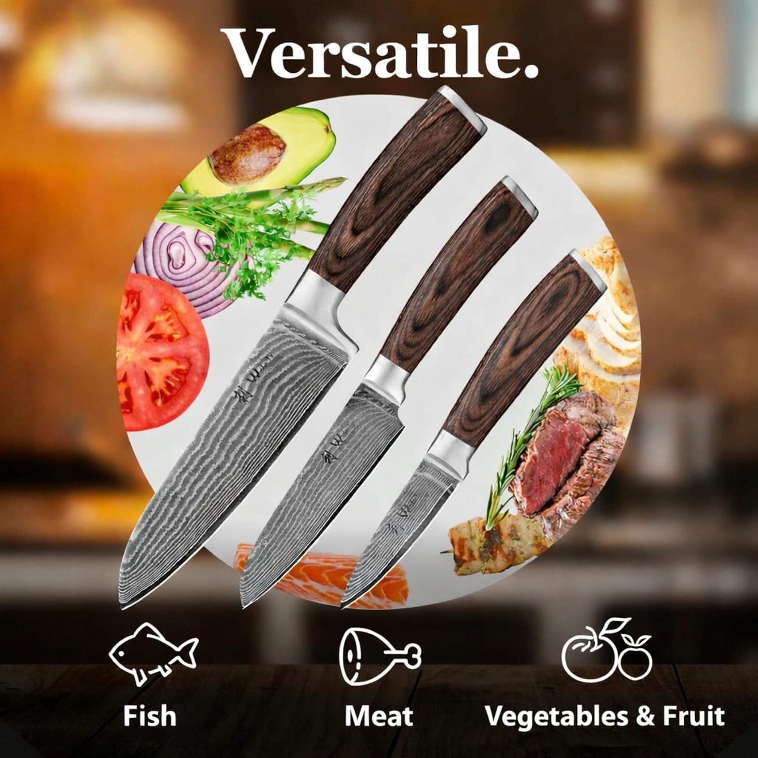 Thor Kitchen 3-Piece Damascus Knife Set DS0301P – 6.7 inches – 3pcs-Damascus Kitchen Knife Set – Knife Sets