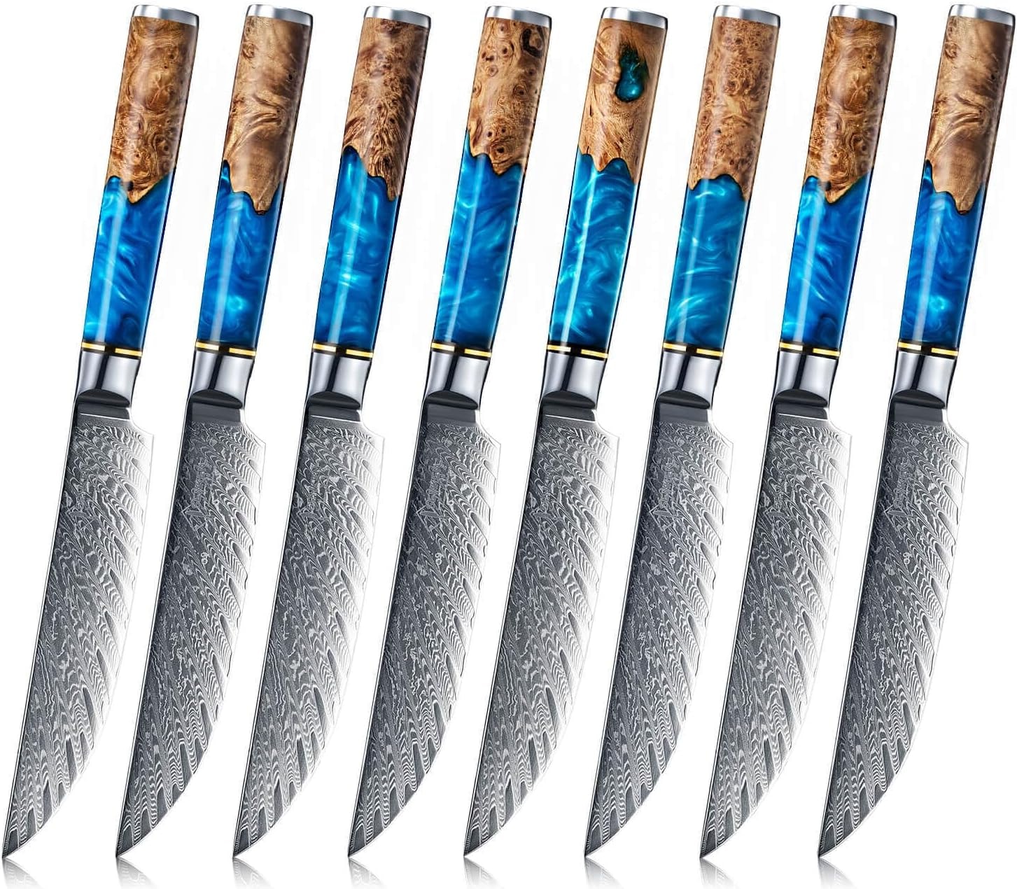 8-Piece Damascus Steak Knife — Twisted Damascus Blades, Green Pakka Wo – Large – Blue – Steak Sets