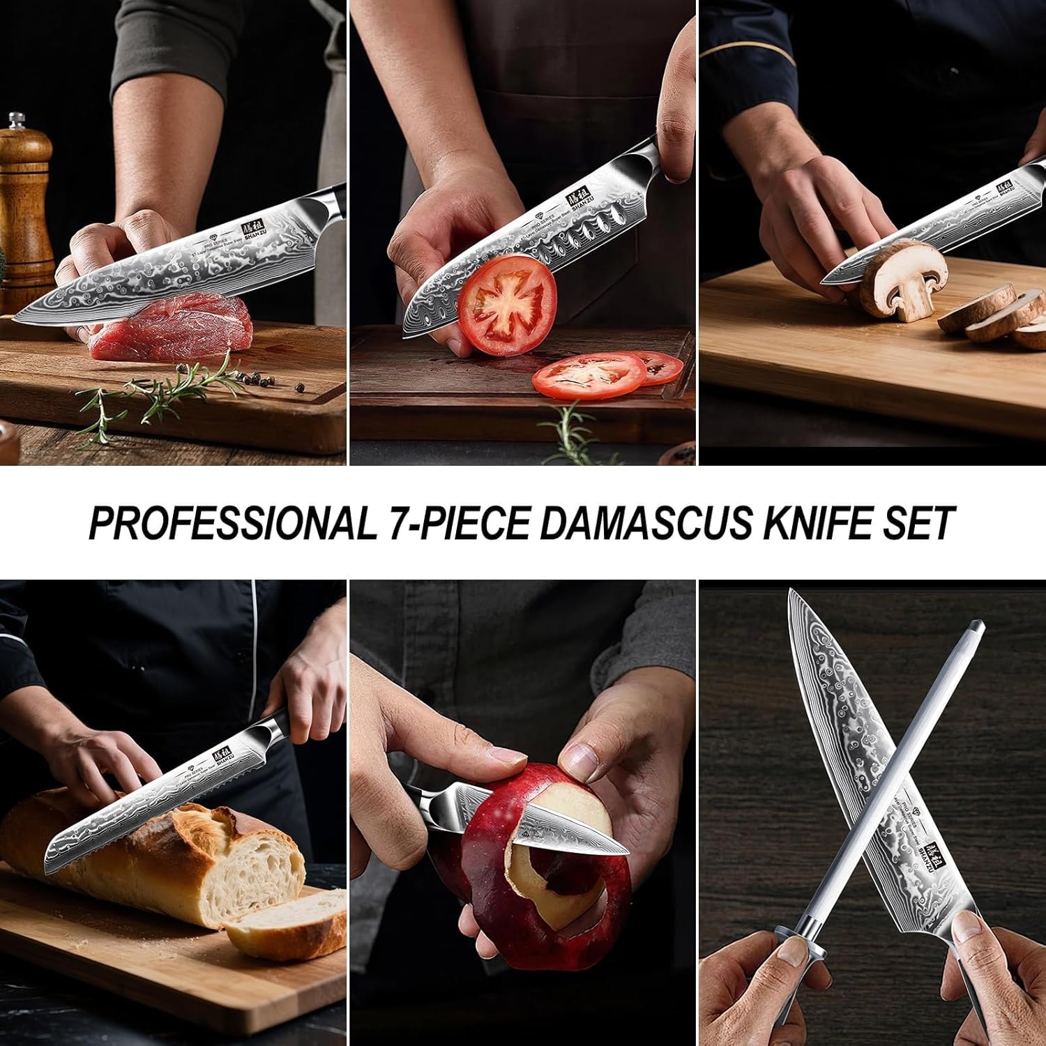 SHAN ZU Damascus Kitchen Knife Set with Block – 8" – 7 Pc Knife Set – Knife Block Sets