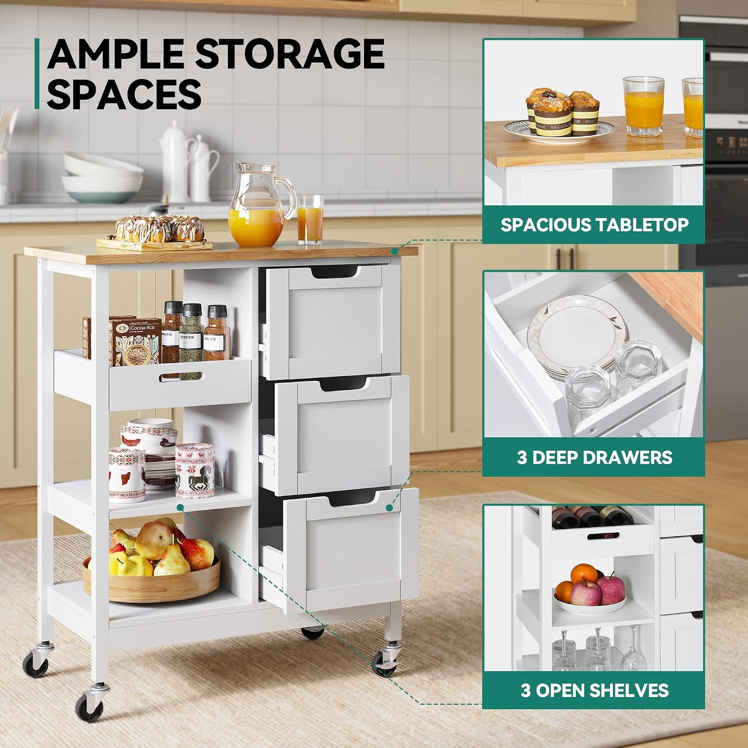 Latitude Run Kitchen Island Cart Rolling Kitchen Island with Storage S – 14.96"D x 26.69"W x 33.07"H – White – Mobile Storage Islands