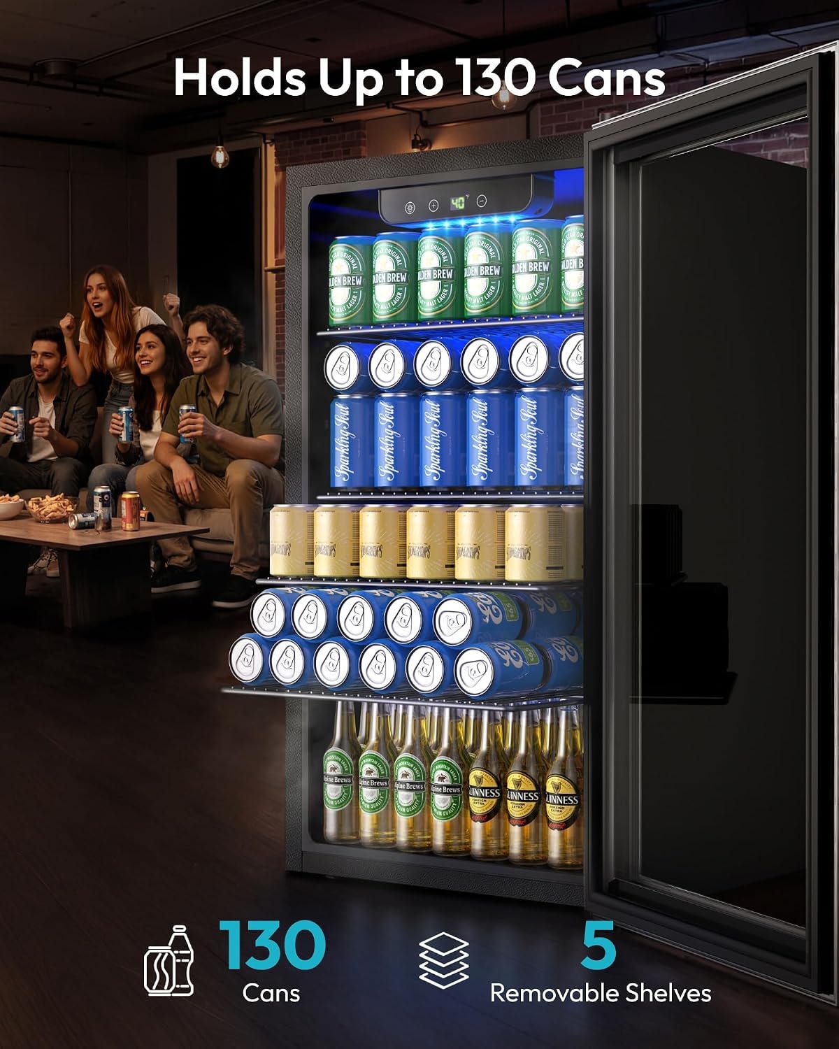 Euhomy - 130 Cans Beverage Refrigerator, 3.2 Cu. Ft Cooler with Adjust – 3.2 cubic feet – Silver – Beverage Refrigerators