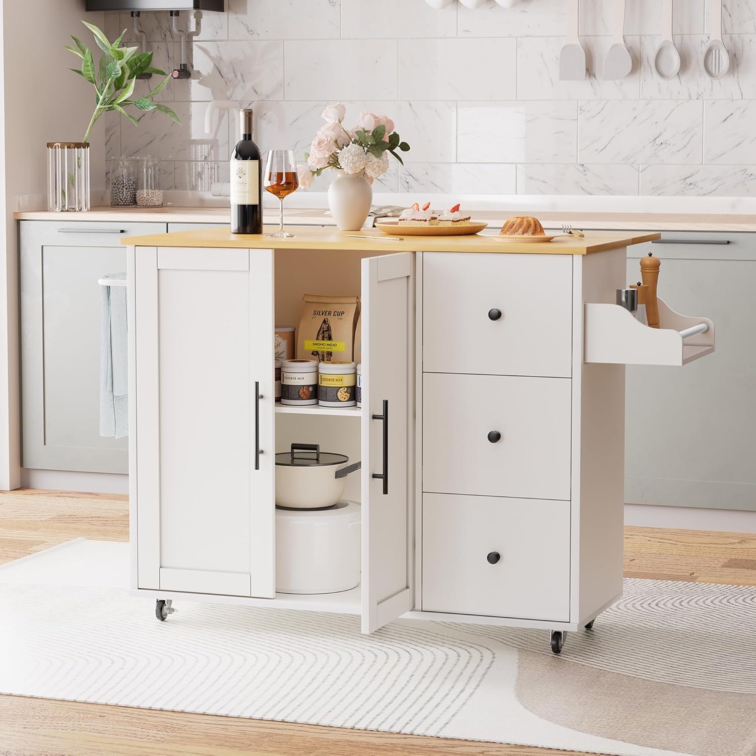 Highland Dunes Kitchen Island on Wheels – 39.37 x 26.97 x 34.84 inches – White – Mobile Storage Islands