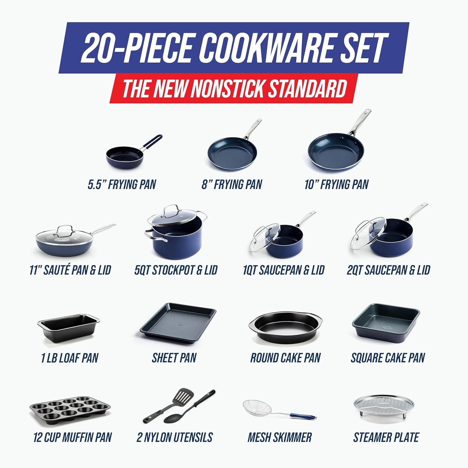 Blue Diamond 20 Piece Ceramic Nonstick Cookware Set – Cookware Sets