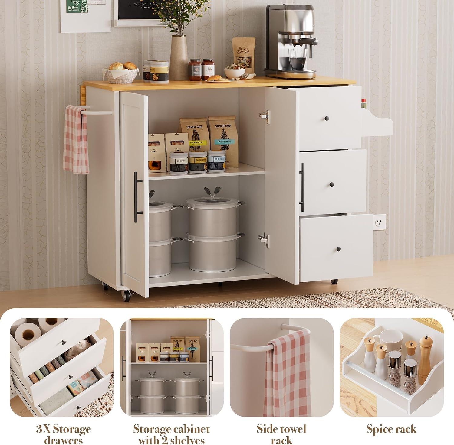 Highland Dunes Kitchen Island on Wheels – 39.37 x 26.97 x 34.84 inches – White – Mobile Storage Islands