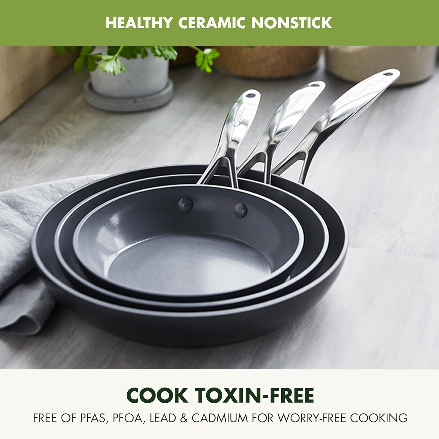 GreenPan Valencia Pro Ceramic Nonstick Frypan Set – 8 cups – Gray – Skillets