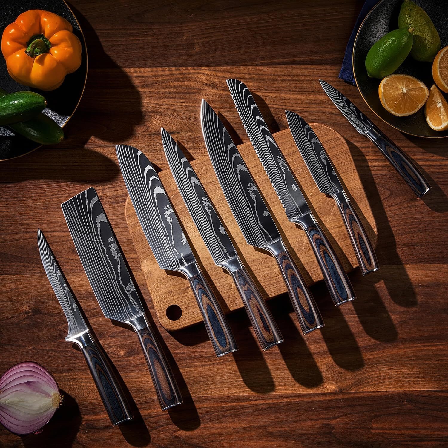 8-Piece Japanese Damascus Knife Set | Complete Chef Knife Collection – 14x2x1 – Natural Wood Handles – Chef's Knives