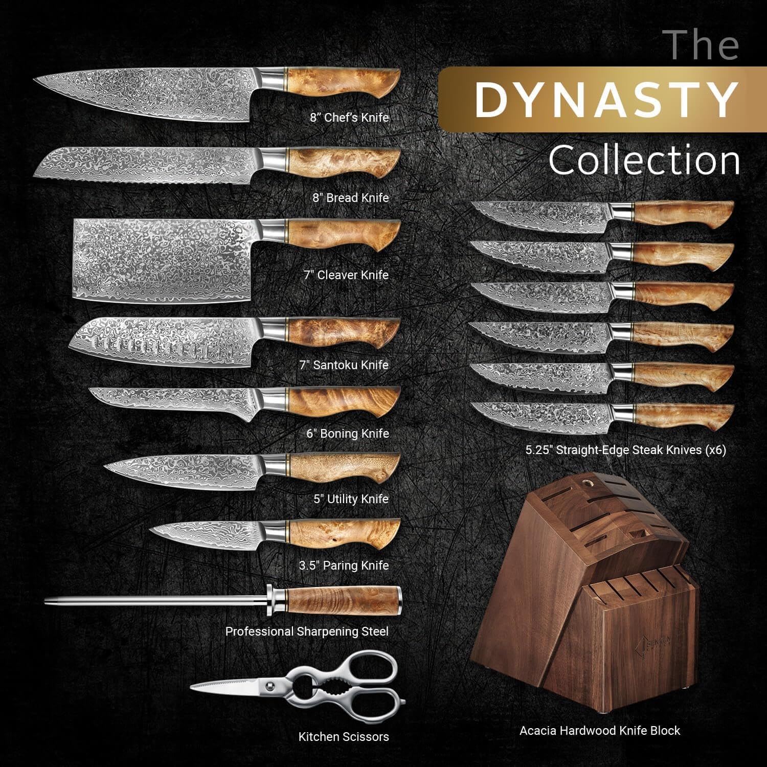 Dynasty 16-Piece Japanese VG10 Damascus Knife Block Set – Light Brown – Knife Block Sets