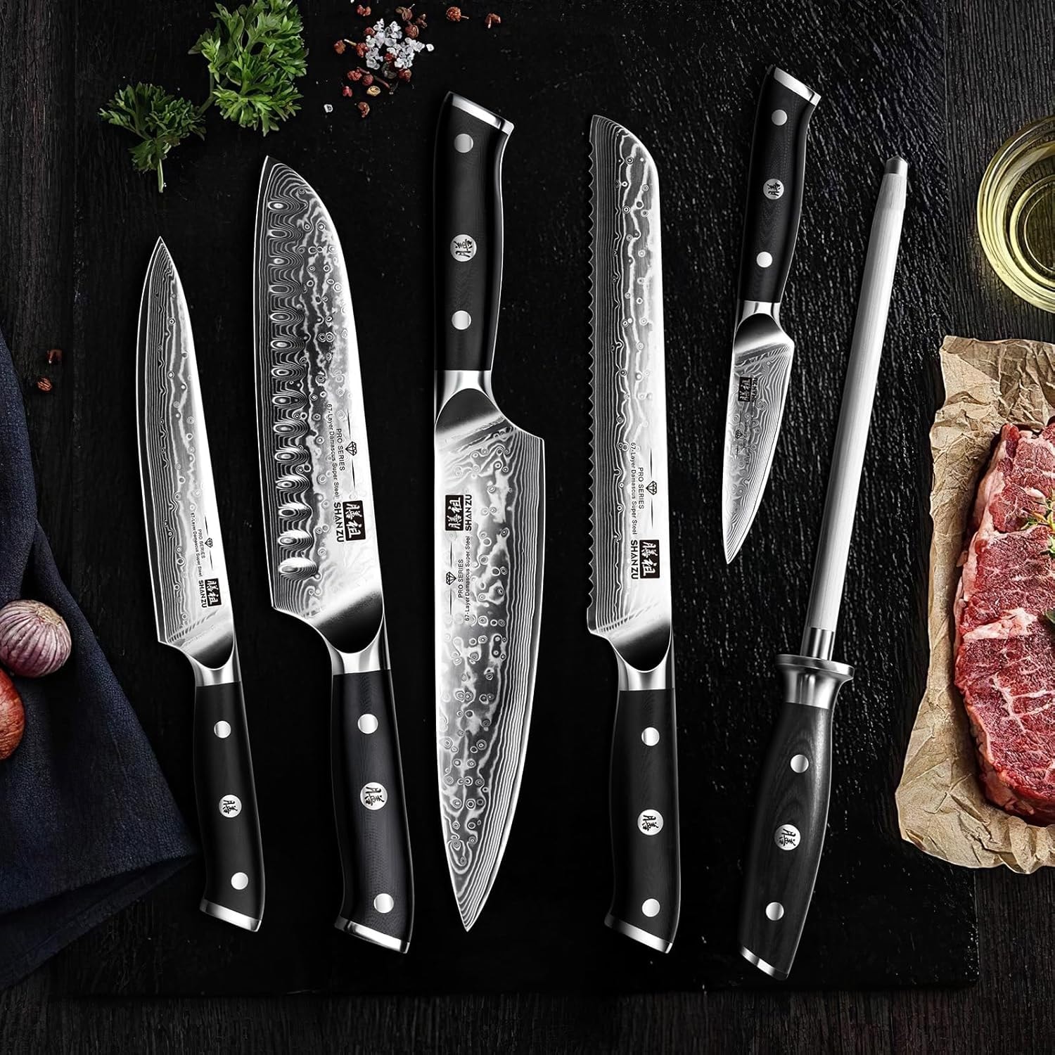 SHAN ZU Damascus Kitchen Knife Set with Block – 8" – 7 Pc Knife Set – Knife Block Sets