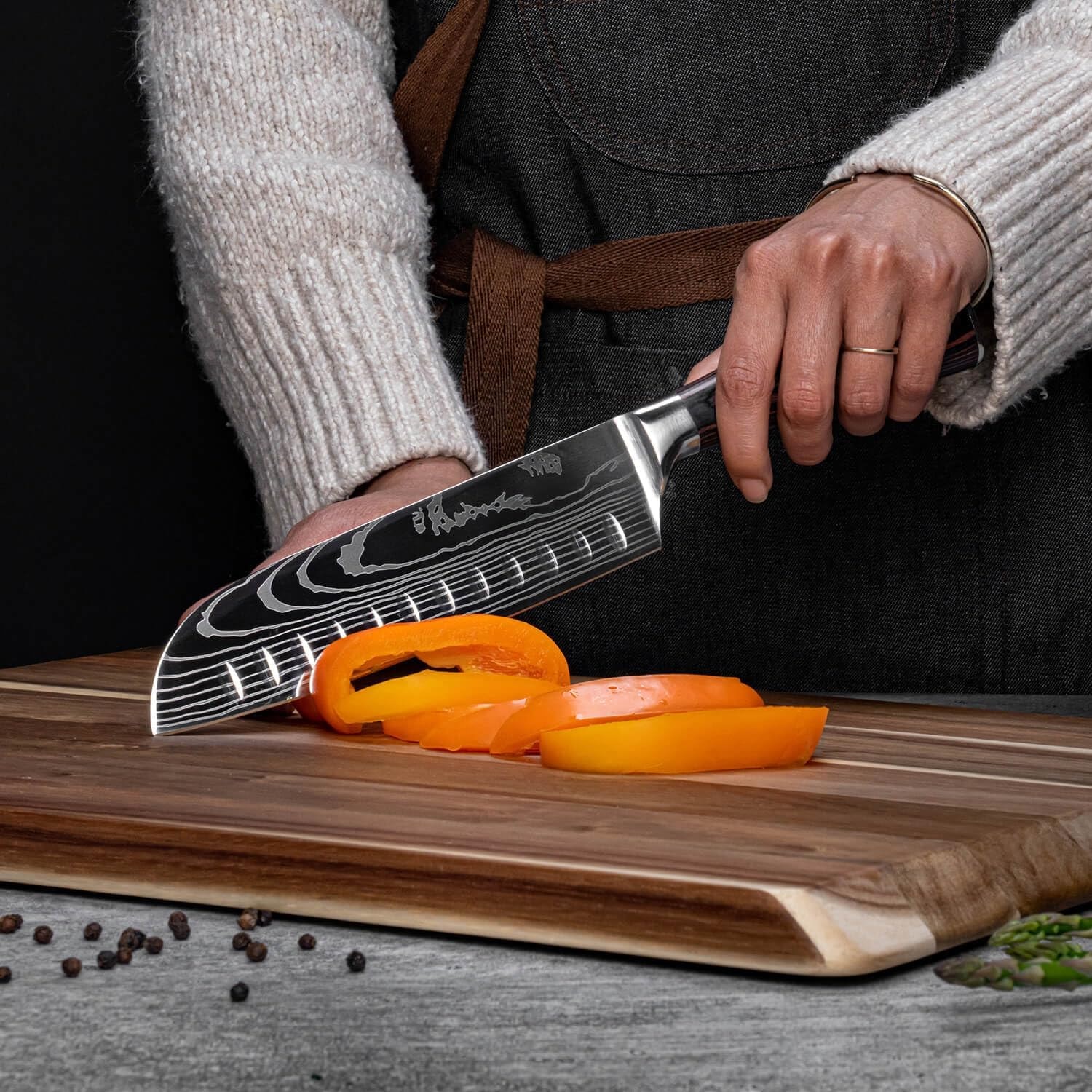 8-Piece Japanese Damascus Knife Set | Complete Chef Knife Collection – 14x2x1 – Natural Wood Handles – Chef's Knives