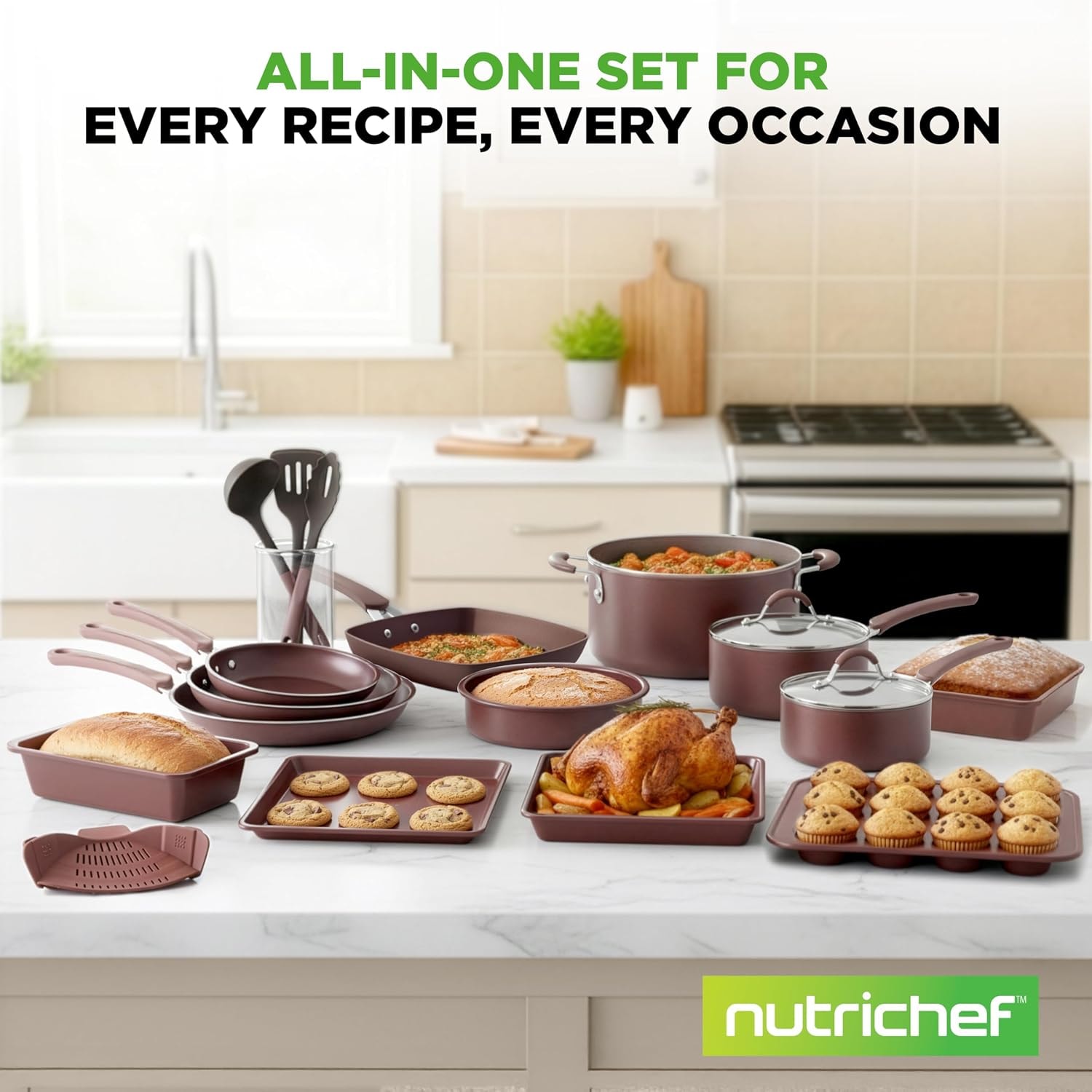 NutriChef Kitchenware Pots & Pans Set – Brown – Cookware Sets