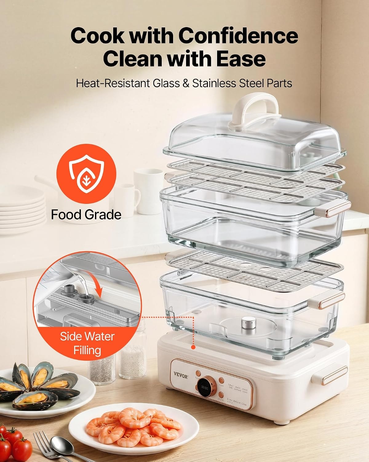 Glass Food Steamer for Cooking – 10.6 quarts – White – Steamers