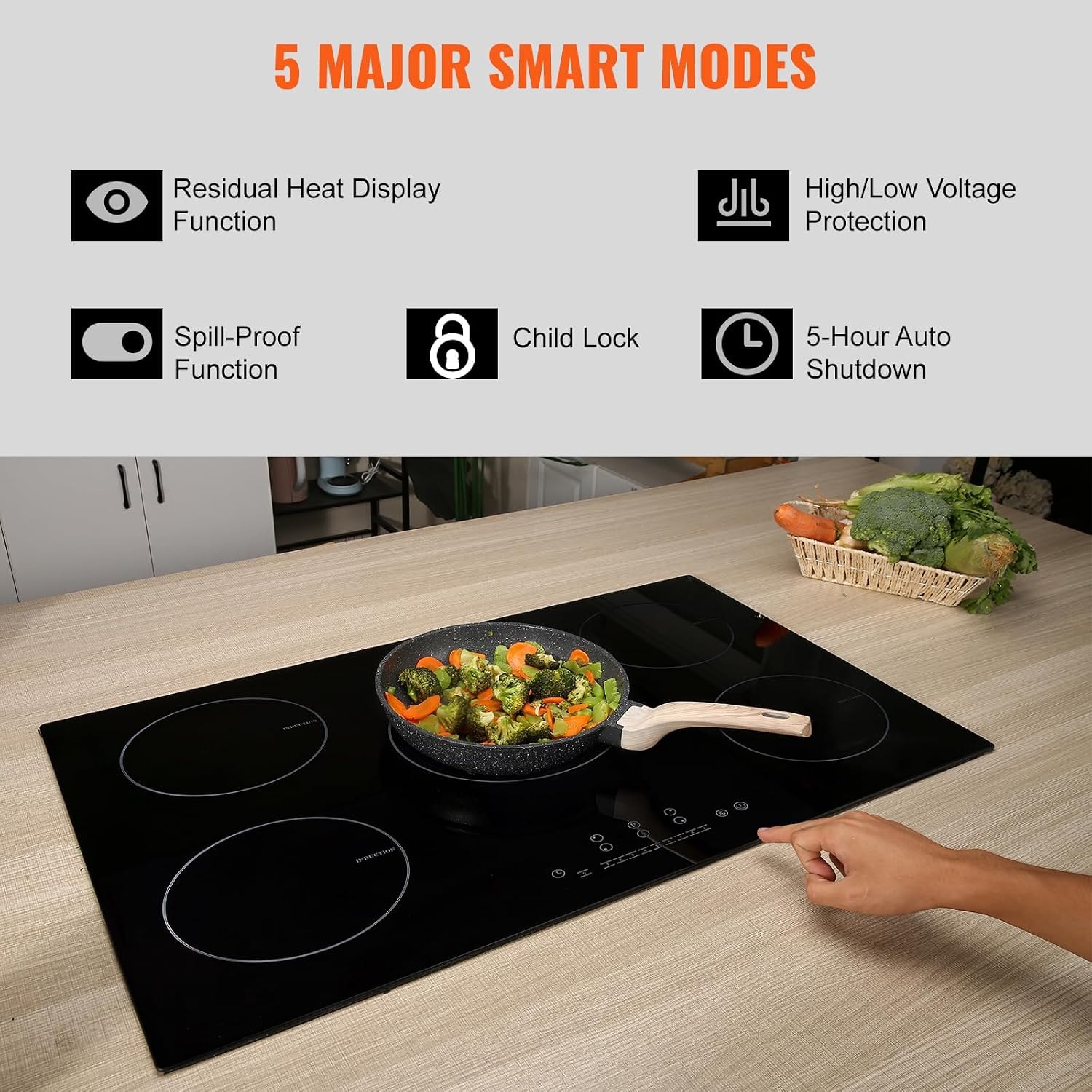 VEVOR 30" Built-in Induction Electric Cooktop – 30in 5 Burners/220V – Timer & Child Lock Included, 9 Power Levels for Simmer Steam Slow Cook Fry – Coo