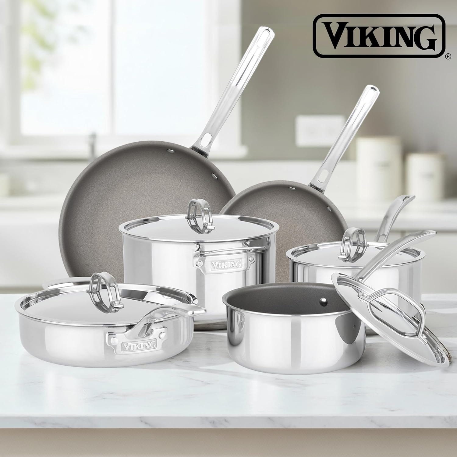Viking Pure Glide Pro 3-Ply Nonstick Cookware Set – 8 inches – Silver – Cookware Sets