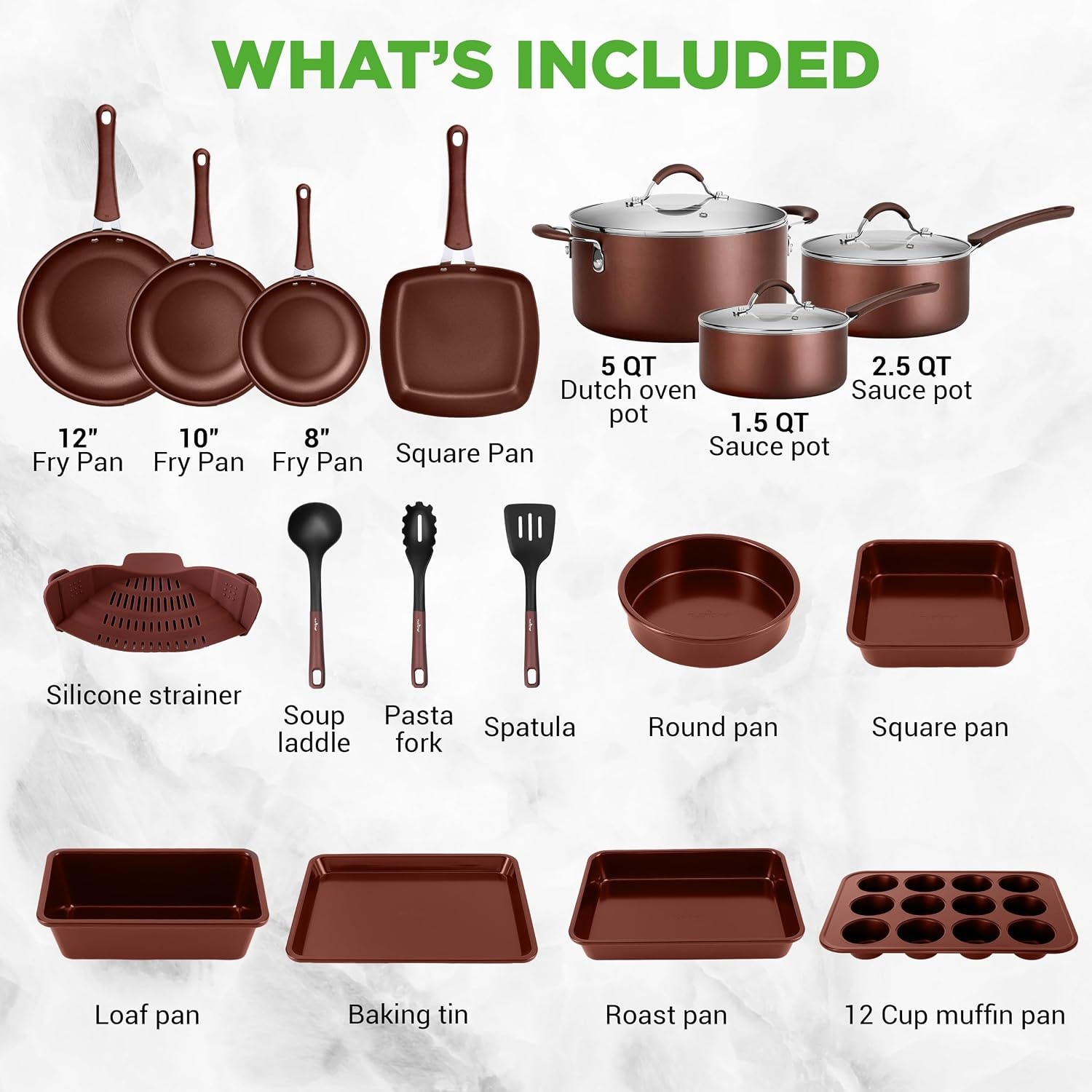 NutriChef Kitchenware Pots & Pans Set – Brown – Cookware Sets