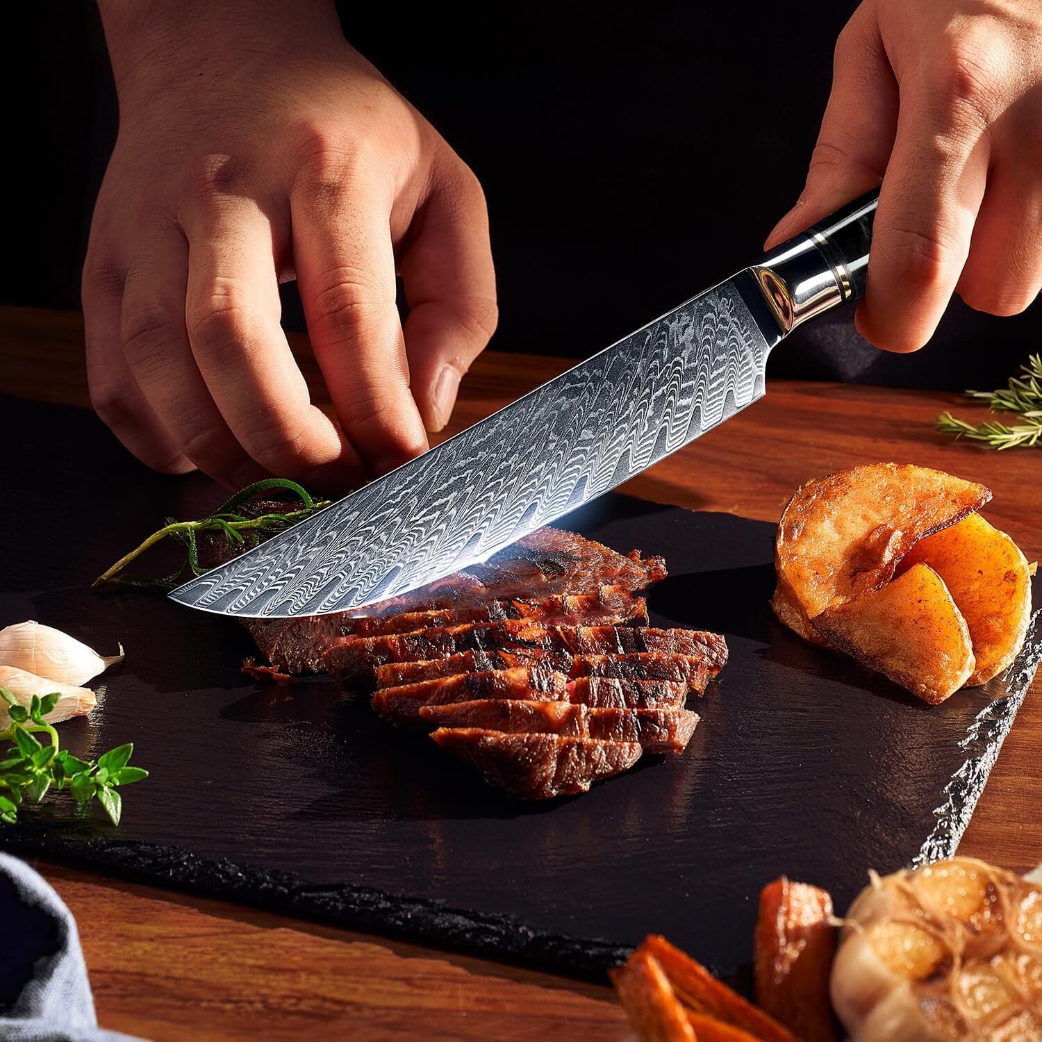 Tsunami Japanese VG-10 Damascus Steel Steak Knife Set with Gift Box – Set of 6 – Black – Steak Knives
