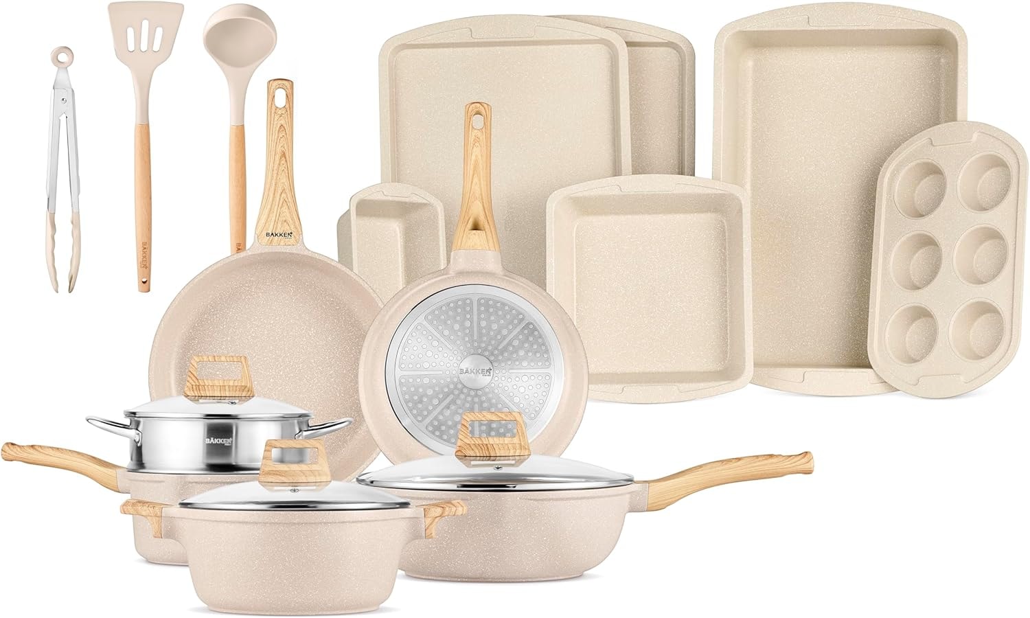 Bakken Swiss 23-Piece Nonstick Cookware & Bakeware Set – 20 Pieces – Cream – Cookware Sets