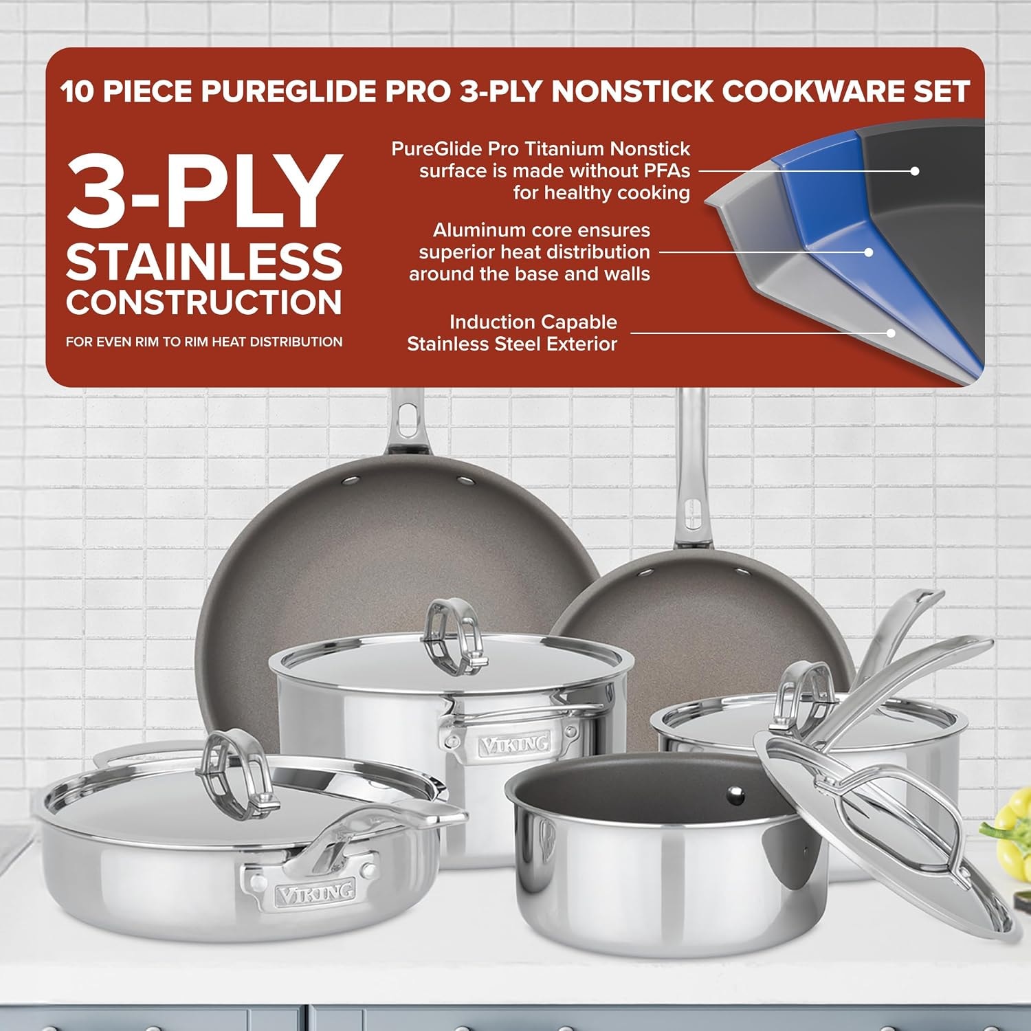 Viking Pure Glide Pro 3-Ply Nonstick Cookware Set – 8 inches – Silver – Cookware Sets