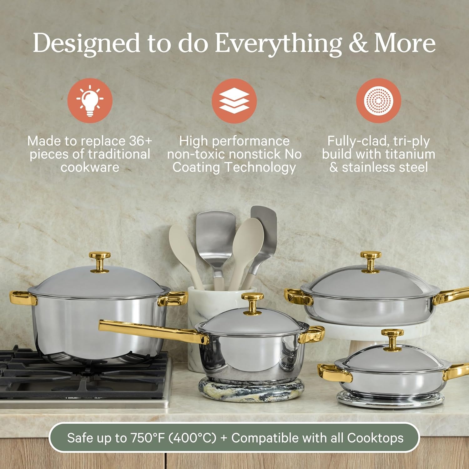 Our Place Titanium Pro 10-Piece Cookware Set – 13.74in x 10.86in x 8.3in – Gold – Cookware Sets