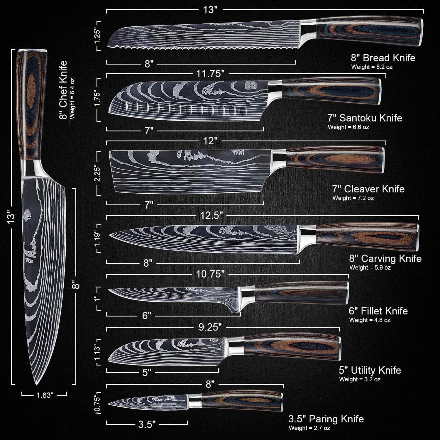 8-Piece Japanese Damascus Knife Set | Complete Chef Knife Collection – 14x2x1 – Natural Wood Handles – Chef's Knives