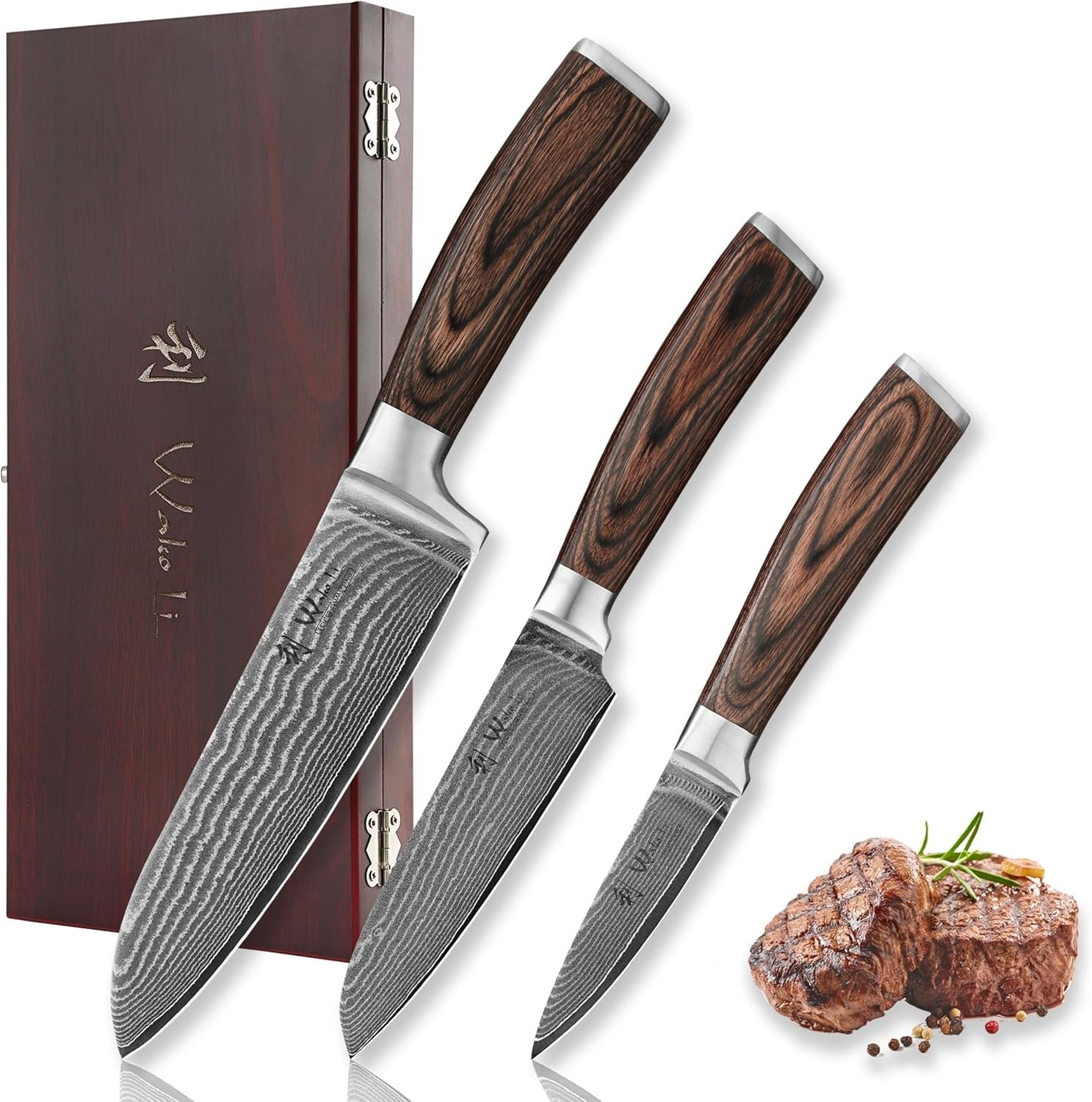 Thor Kitchen 3-Piece Damascus Knife Set DS0301P – 6.7 inches – 3pcs-Damascus Kitchen Knife Set – Knife Sets