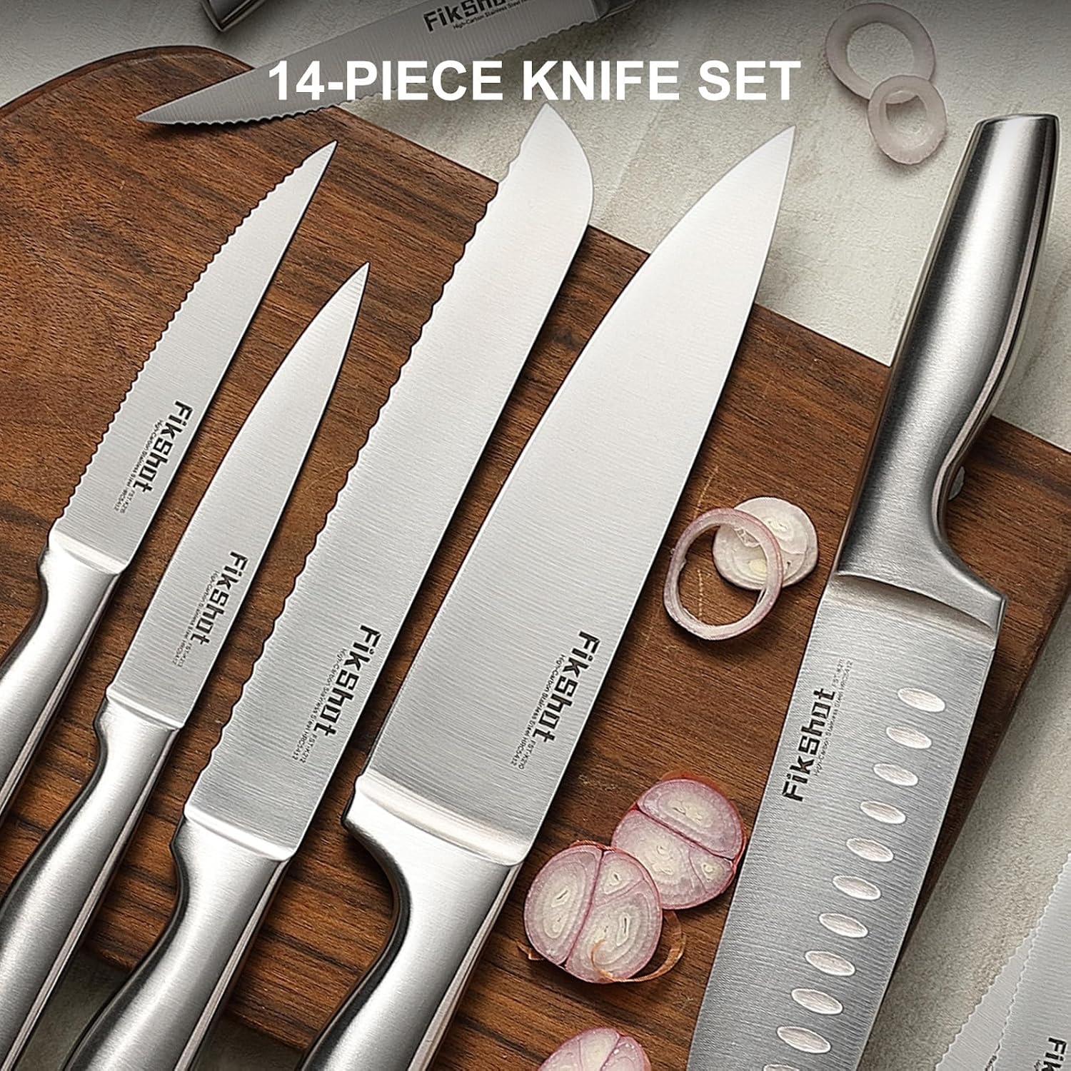 Wudkey 14-Piece Stainless Steel German Knife Set – Silver + Walnut – Knife Block Sets